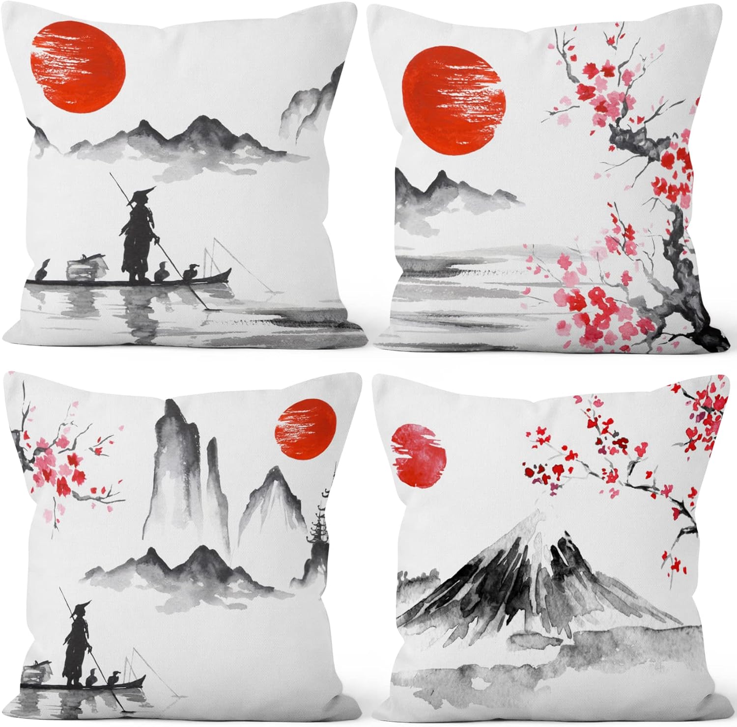Baocicco 20x20 inches 4pcs Classical Chinese Landscape Ink Painting Linen Pillow Covers Sun Plum Boat Retro Traditional Arts Square Throw Pillow Case Sofa Bedroom Office Car Decoration