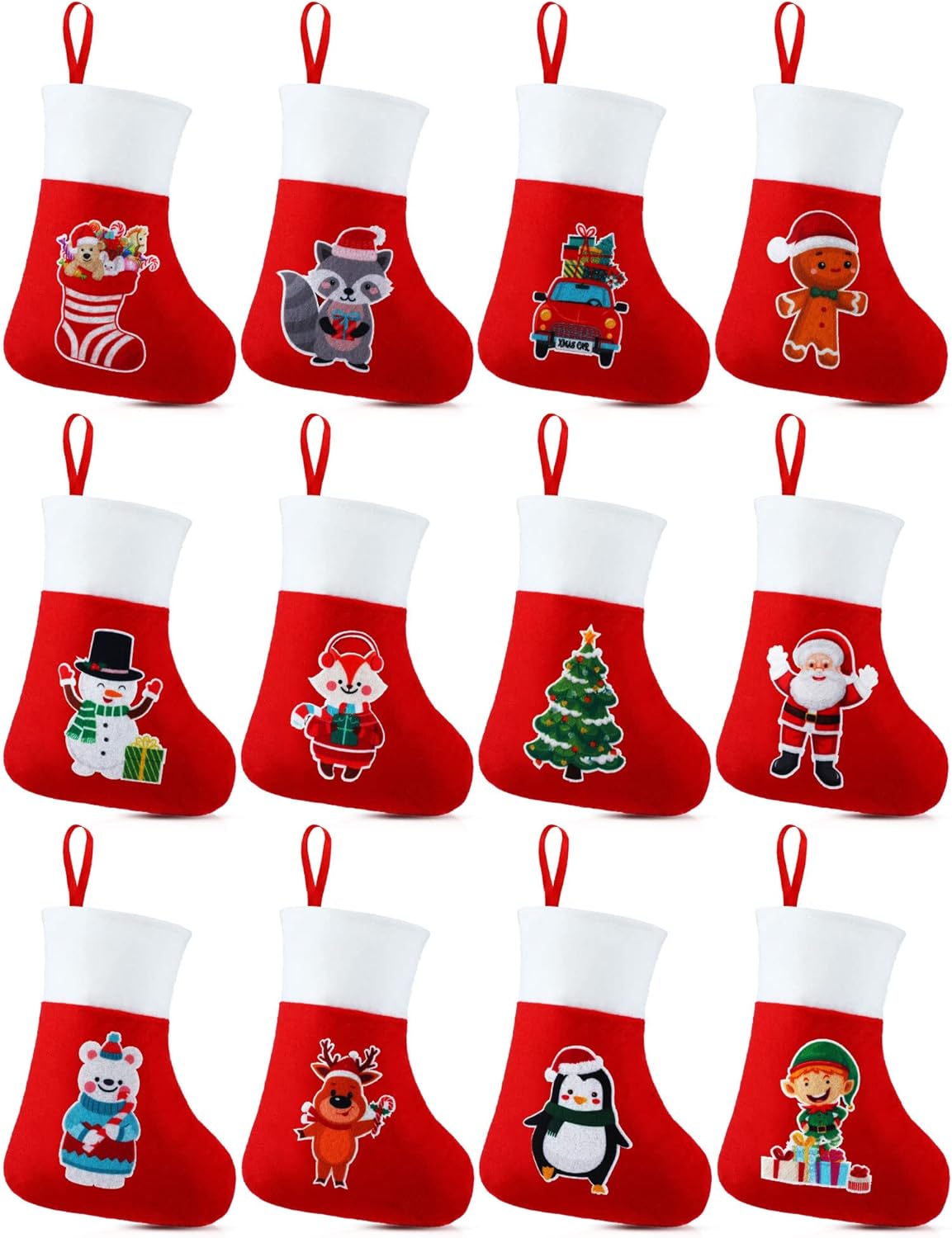 Supervitae 48 Pcs Mini Christmas Stockings Small Stockings Bulk Red Felt Mini Stockings Traditional Stockings Christmas Stocking Holder Reindeer Santa Snowman Stockings Ornaments for Home Gifts Decor