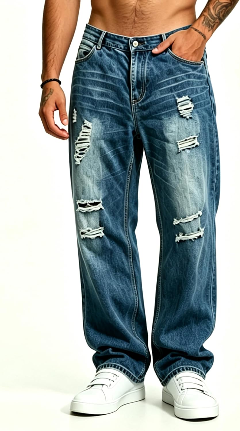 Men's Baggy Jeans Relaxed Fit Ripped Jeans Y2K Wide Leg Distressed Oversized Denim Pants