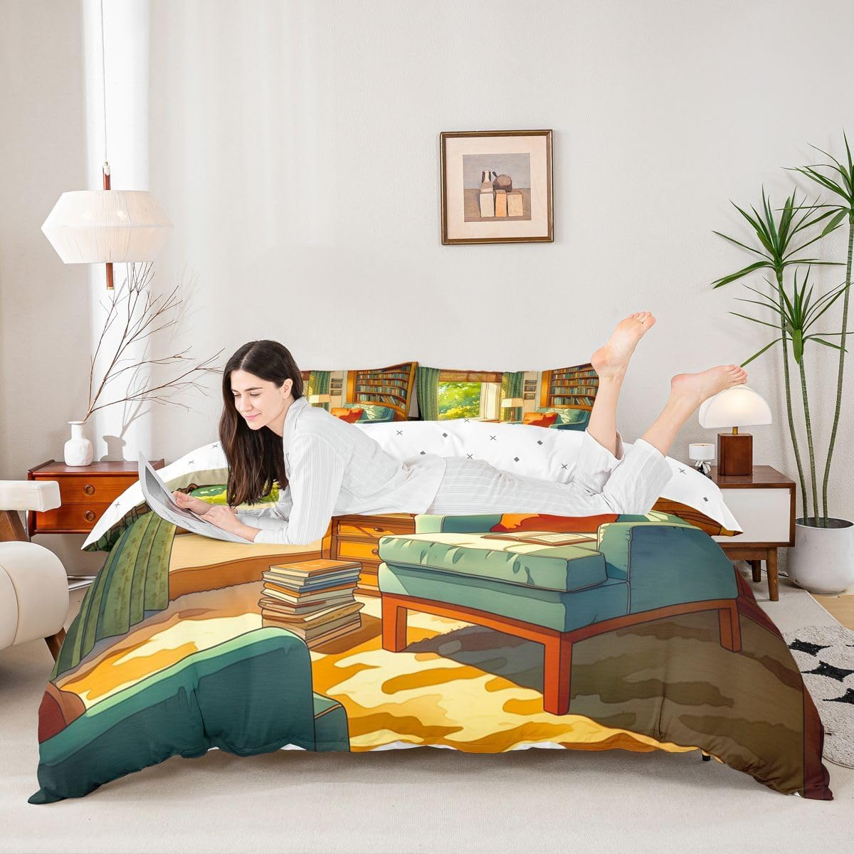 Manfei Reading Nook Anime Duvet Cover Set Armchair Books Bedding Set Colorful Cartoon Quilt Cover with Zipper Closure Kids Boys Girls Room Decor 1 Pillowcase No Comforter 2Pcs Twin Green Yellow image 3