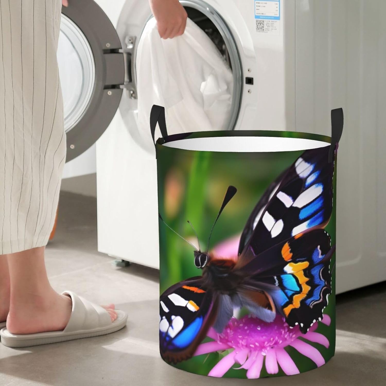 Colorful Butterfly Print Circular Protable Storage Bin,Basket For Laundry Hamper With Handles Bedroom Clothes