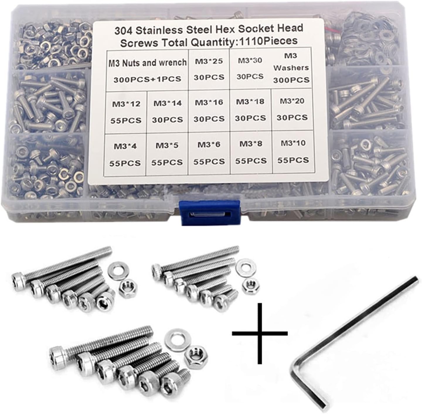 Youngran 1110PCS M3 Hex Hexagon Socket Screw Set Stainless Steel Flat Round Cap Head Screw Assortment Kit Allen Bolts and Nuts Washer Set Leisurely (Color : 1110PCS)