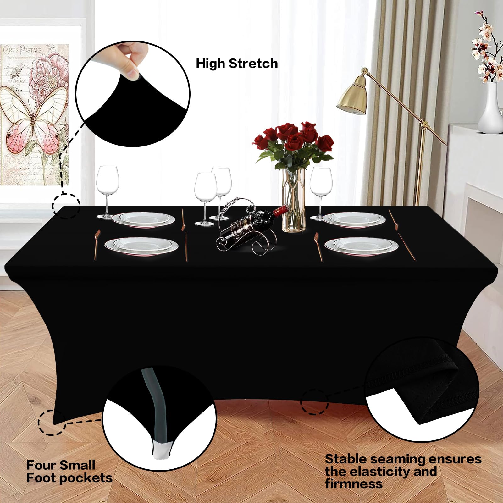 Heochy Paquete de 2 manteles rectangulares de elastano negro, protectores de mesa ajustables para eventos, cócteles, bodas, banquetes o fiestas