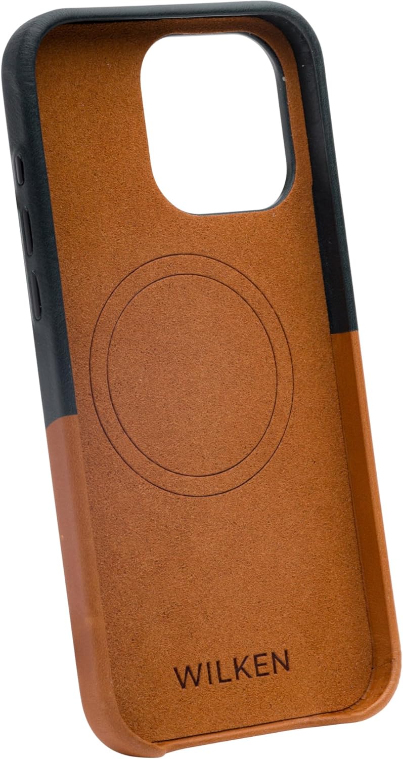 Wilken Leather Slim Phone Case Compatible with iPhone 15 | Compatible with MagSafe & Wireless Charging | Premium Top-Grain Leather Cover with Metal Buttons (15, Tan/Blue) - Image 8