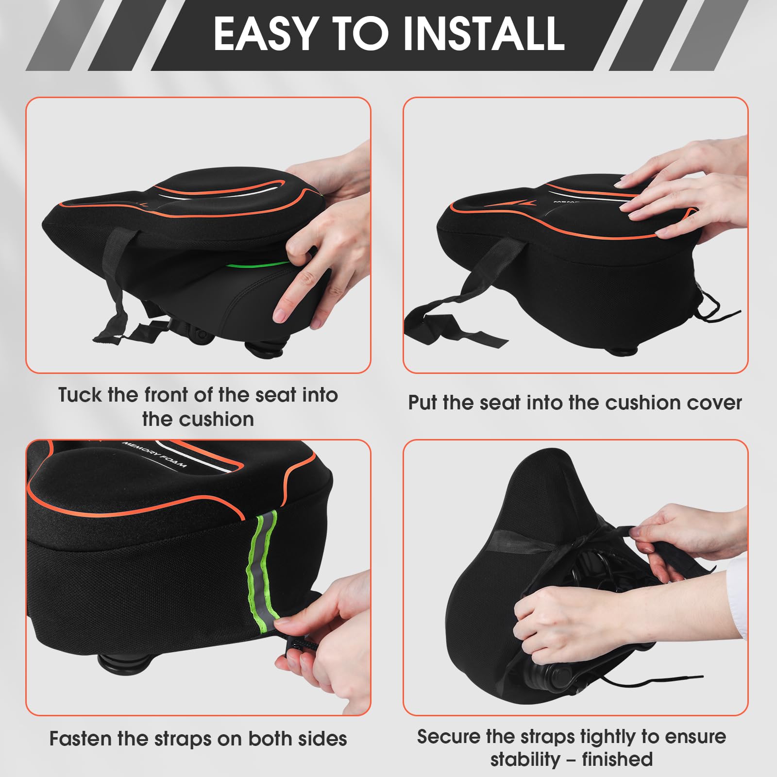 MSDADA Housse de siège de vélo en Mousse à mémoire de Forme rembourrée, Coussin de vélo Doux pour Homme et Femme, Accessoire de vélo Confortable pour vélo, extérieur et intérieur (Orange)