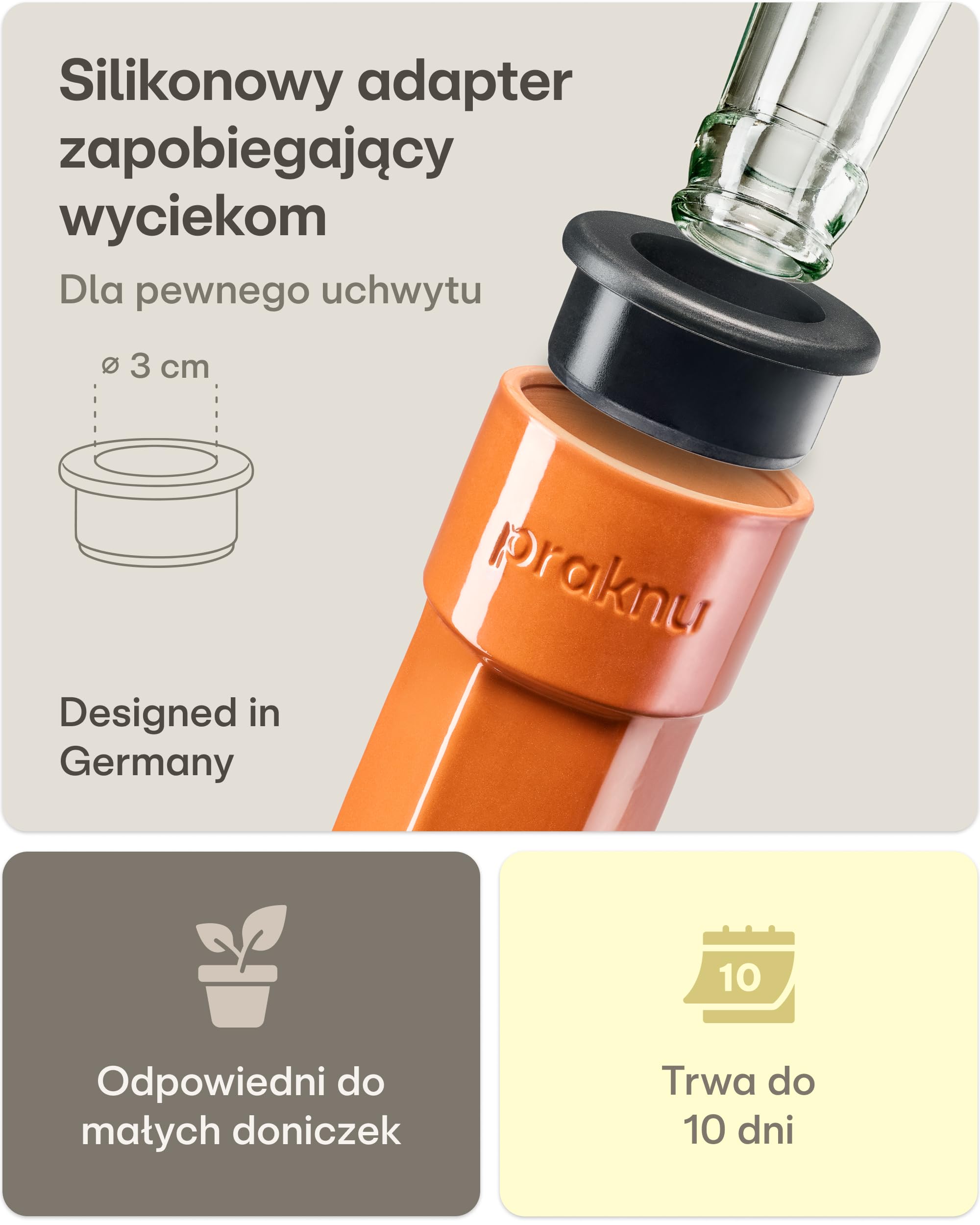 Praknu 6 x Stożki Nawadniające z Terakoty Mały – Do 10 Dni Automatycznego Nawadniania – Szczelny z Adapterem do Butelek PET – Łatwy w Czyszczeniu – Dozownik Wody Idealny na Urlop | Szczelny z adapterem, dozownik wody na urlop, automatyczny system
