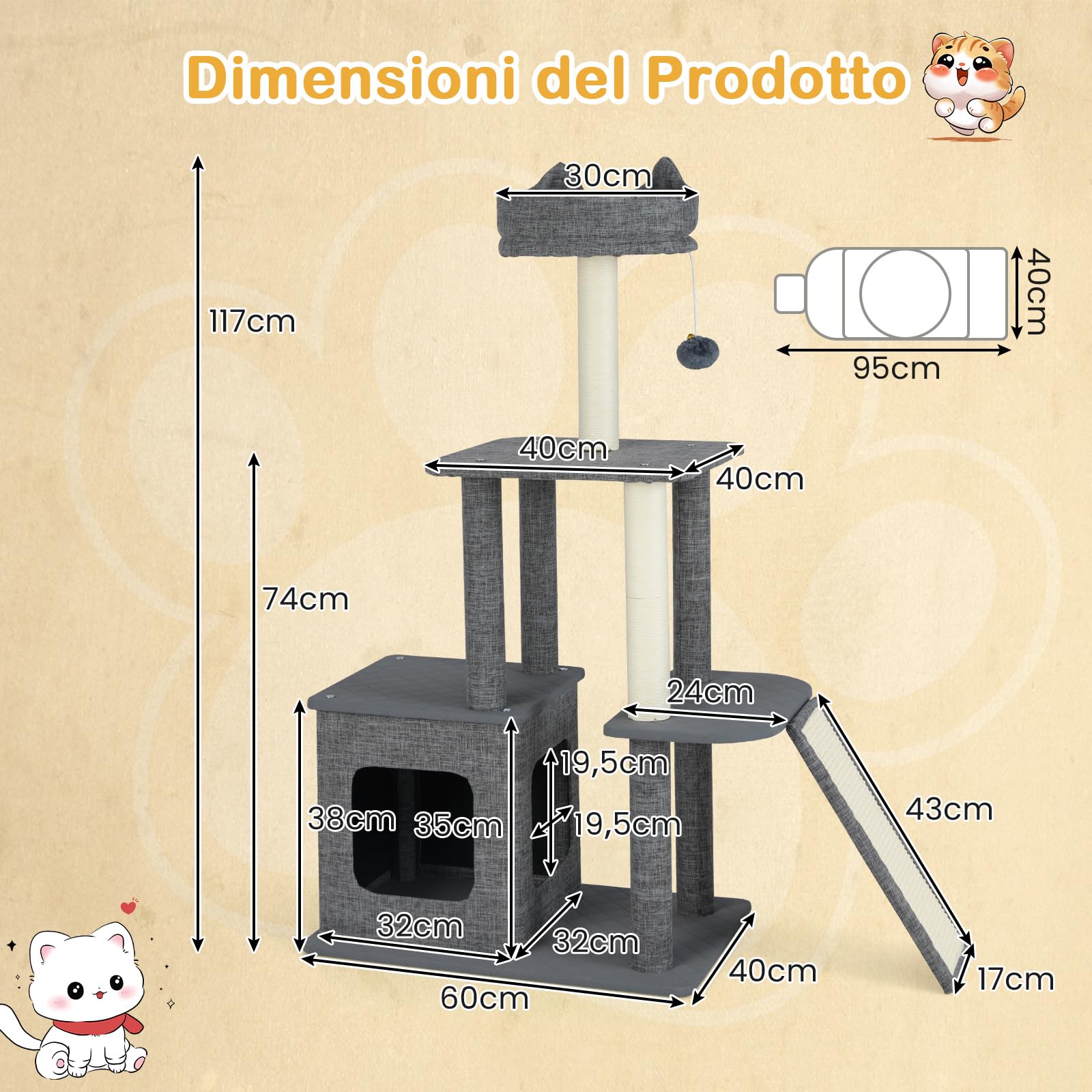 COSTWAY Tiragraffi per Gatto Alto 117 cm, Albero Tiragraffi Gatto con 5 Piattaforme, 2 Pali Sisal e Pallina Pompon, Torre Tiragraffi per Gatti con Grotta e Trespolo, Grigio