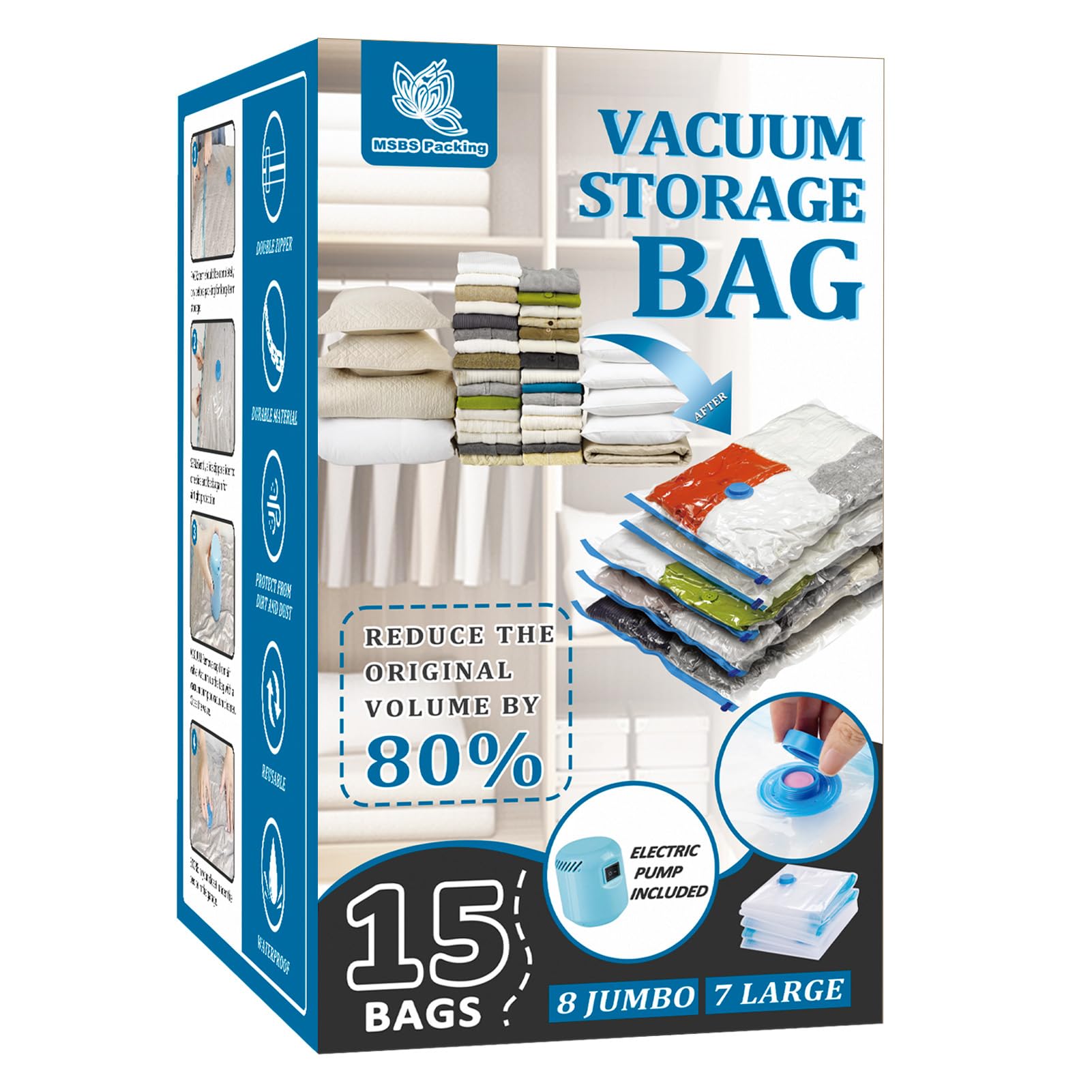 Paquete de 15 bolsas de almacenamiento al vacío con bomba eléctrica, bolsas de ahorro de espacio (8 jumbos/7 grandes) de compresión para edredones y mantas, sellador de almacenamiento de ropa,