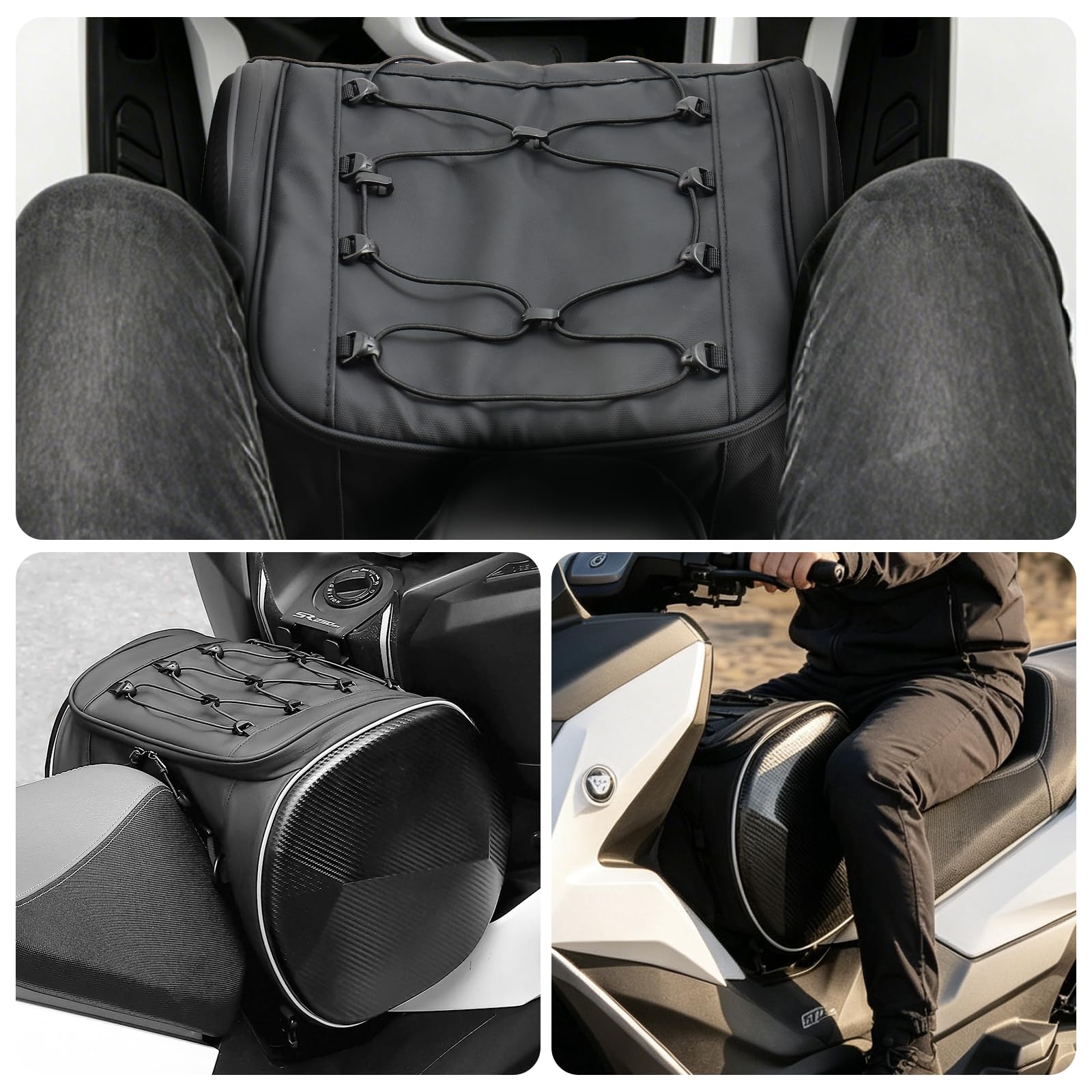 Bolsa Asiento Trasero Moto,con Amplio Espacio y Banda Reflectante, Bolsa Universal para el sillín de Moto, Bolsa para Casco, Bolsa para el túnel de escúter, Negro