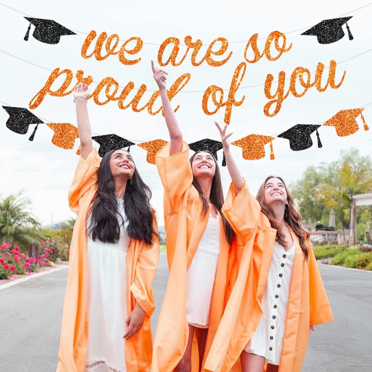 Orange We are So Proud of You Banner Glitter Orange and Black Grad Cap Garland for 2026 Senior High School College Graduation Grad Party Supplies