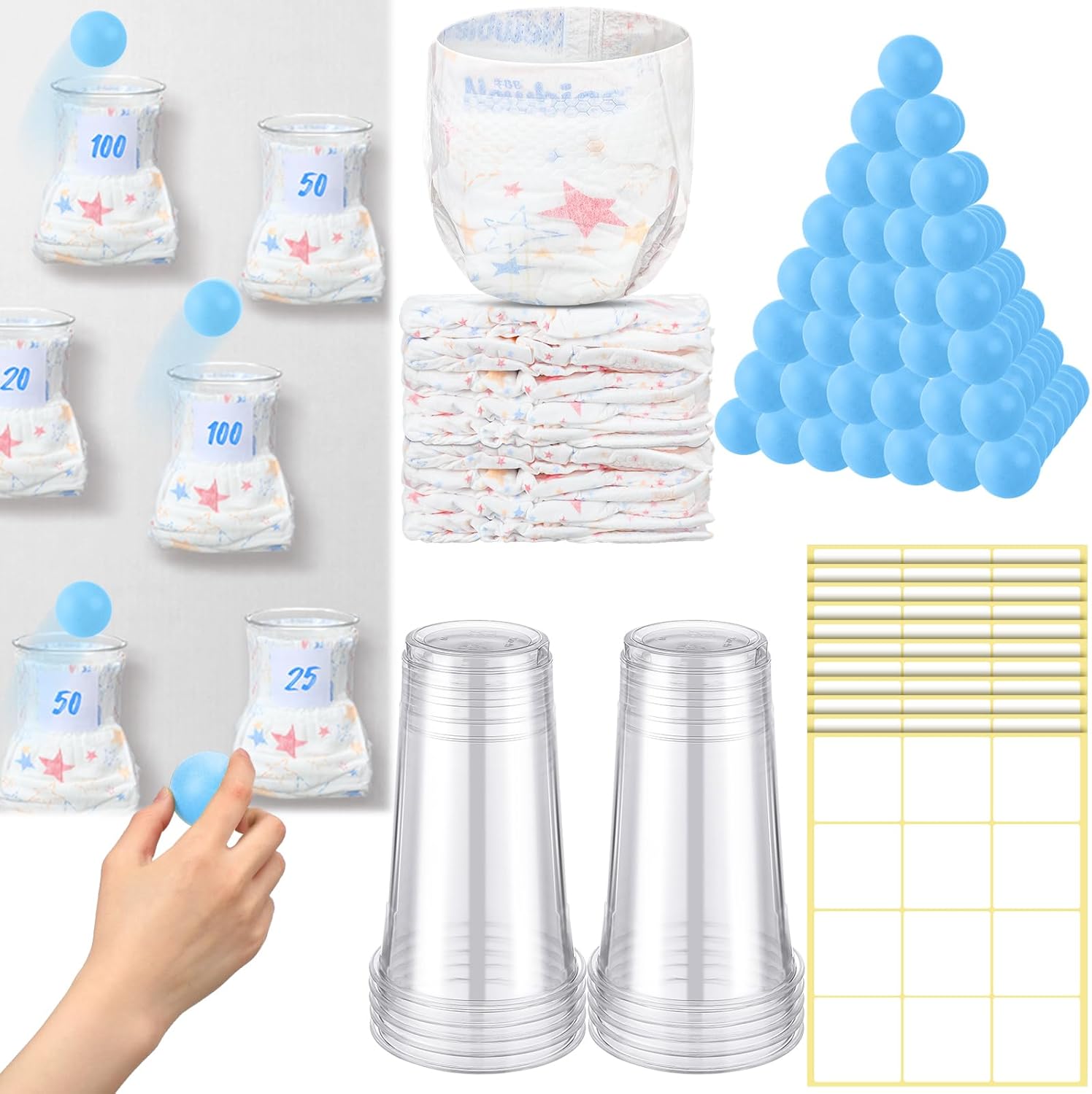 VioraWhite 60 Pcs Funny Baby Shower Diaper Games Activities Kits Without Board Hilarious Gender Reveal Diaper Games Prizes Accessories for Boys Girls Women Men(Blue)