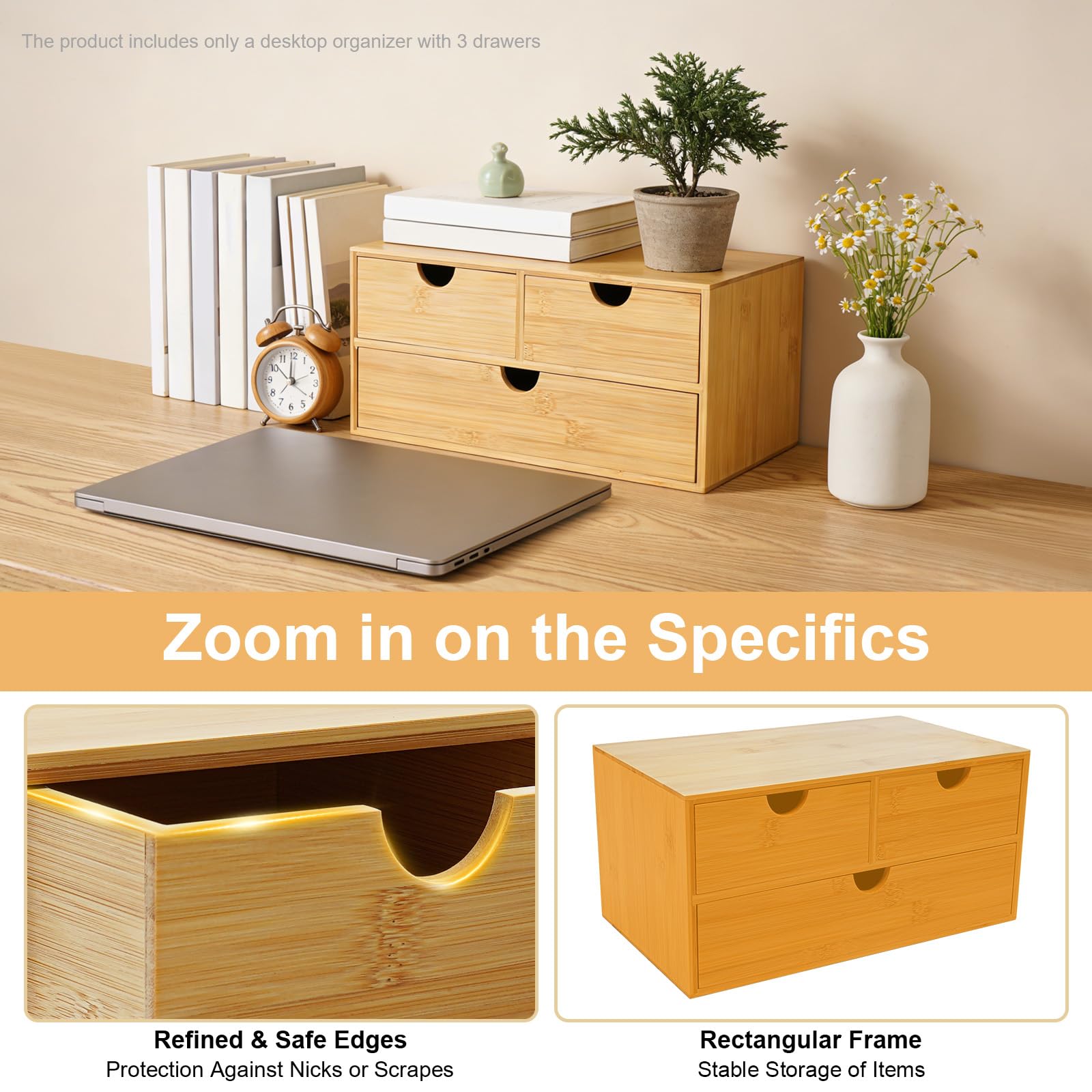 3 cassetti Organizzatore da scrivania in bambù, documenti forniture | bambù naturale, 3 cassetti (2 alti + 1 inferiore), scomparti A4, 33 x 19 x 16 cm, pronto all'uso, per ufficio e casa