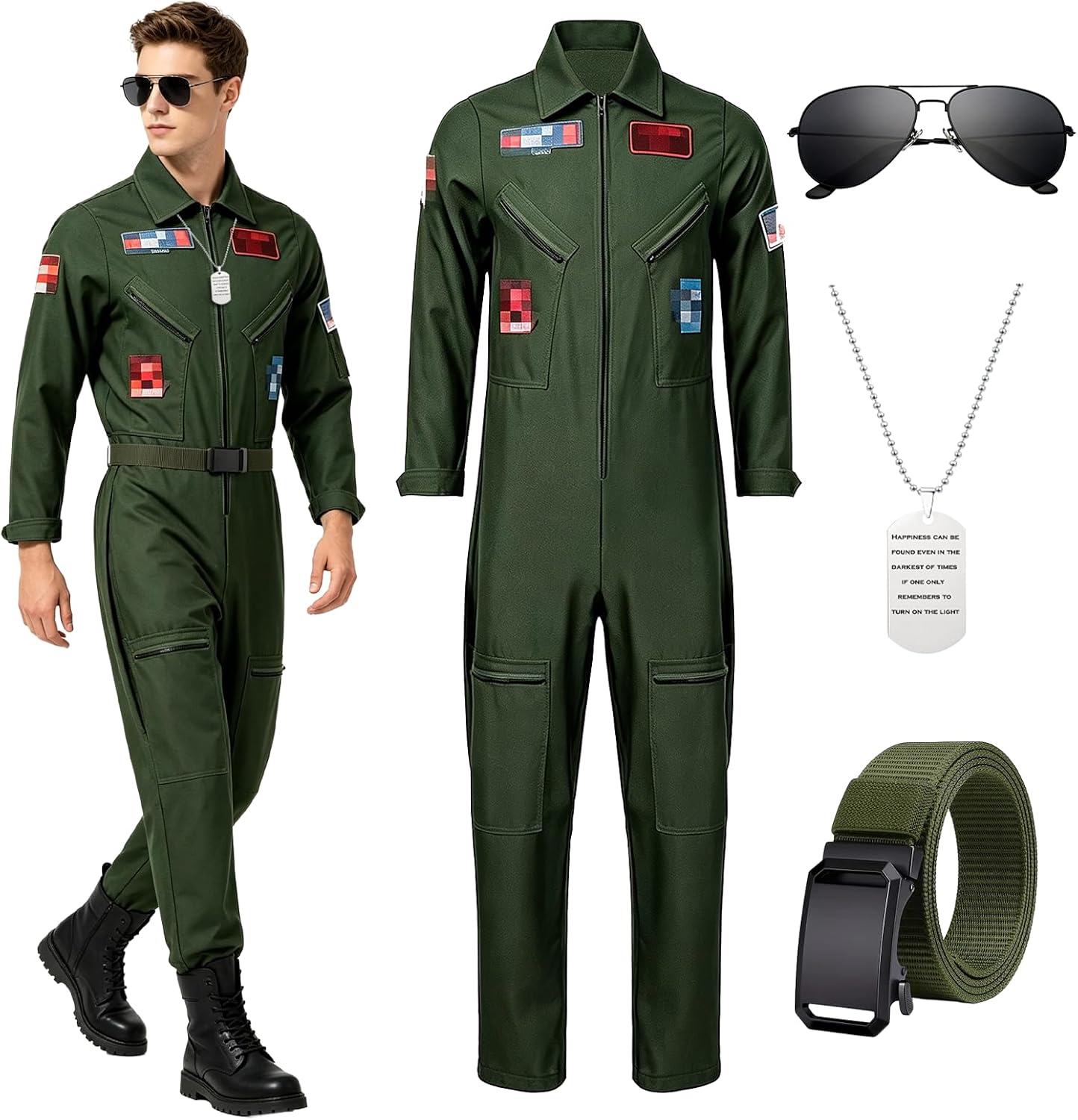 4 Pcs Fighter Pilot Flight Suit Costume Air Force Jumpsuit Halloween Cosplay Costume With Accessories Set for Mens Adults