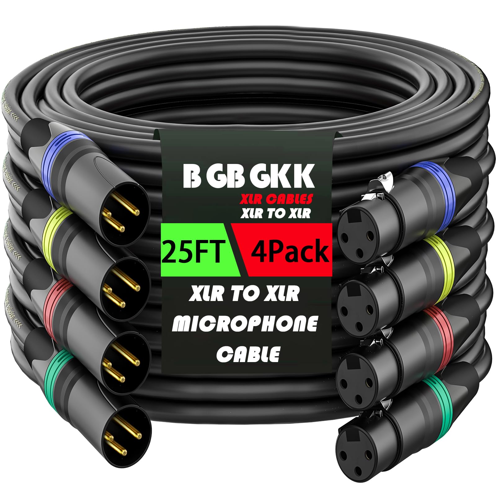 XLR Cables Professionelles XLR-Mikrofonkabel, Stecker auf Buchse, vergoldet, 3-polig, X LR-Lautsprecherkabel, symmetrisches Mikrofonkabel, mehrfarbig, 7,6 m, 4 Stück