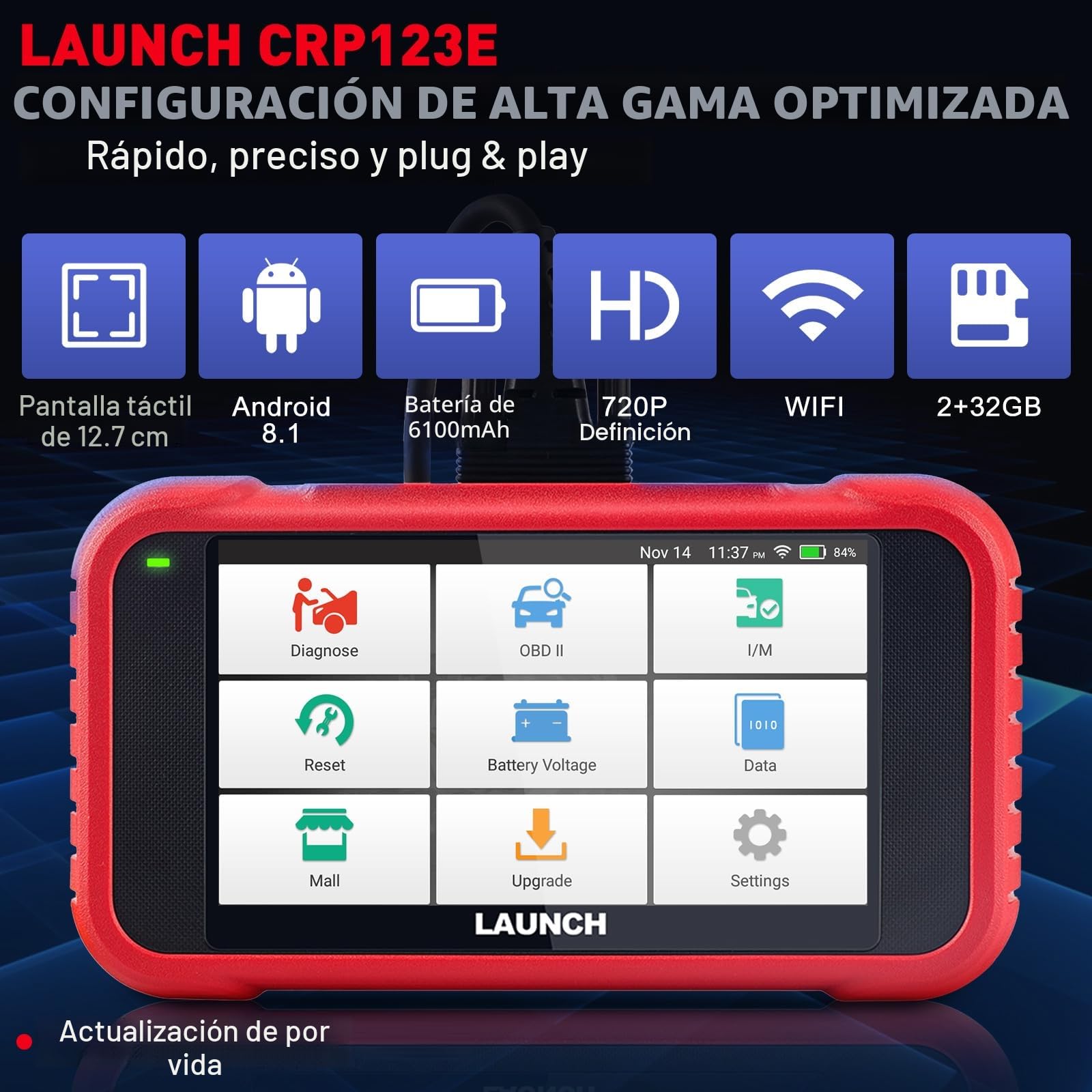 LAUNCH CRP123E V2.0 OBD2 Diagnosis Coche Multimarca Español con 4 Sistemas y 7 Funciones de Reinicio Lector de Código Sistema de Motor ABS SRS Transmisión, Reset de Aceite ETS SAS, WiFi Actualización