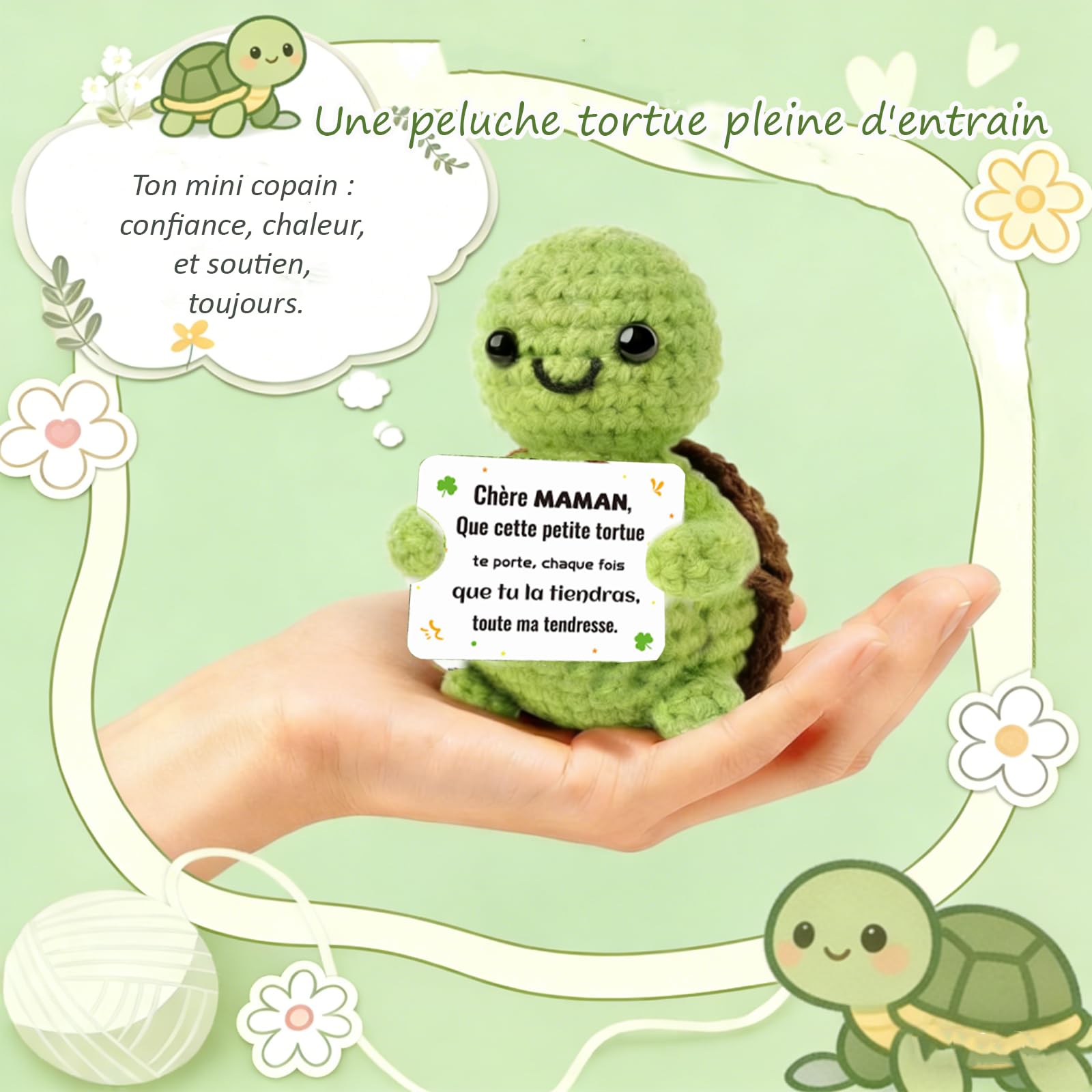 Set Cadeau Maman : Tortue Poupée Positive en Crochet avec Porte Clef Câlin de Poche, Tortue Peluche Positive en Français, Cadeau Mère Original pour Anniversaire, Fête des Mères (Mama) - 2