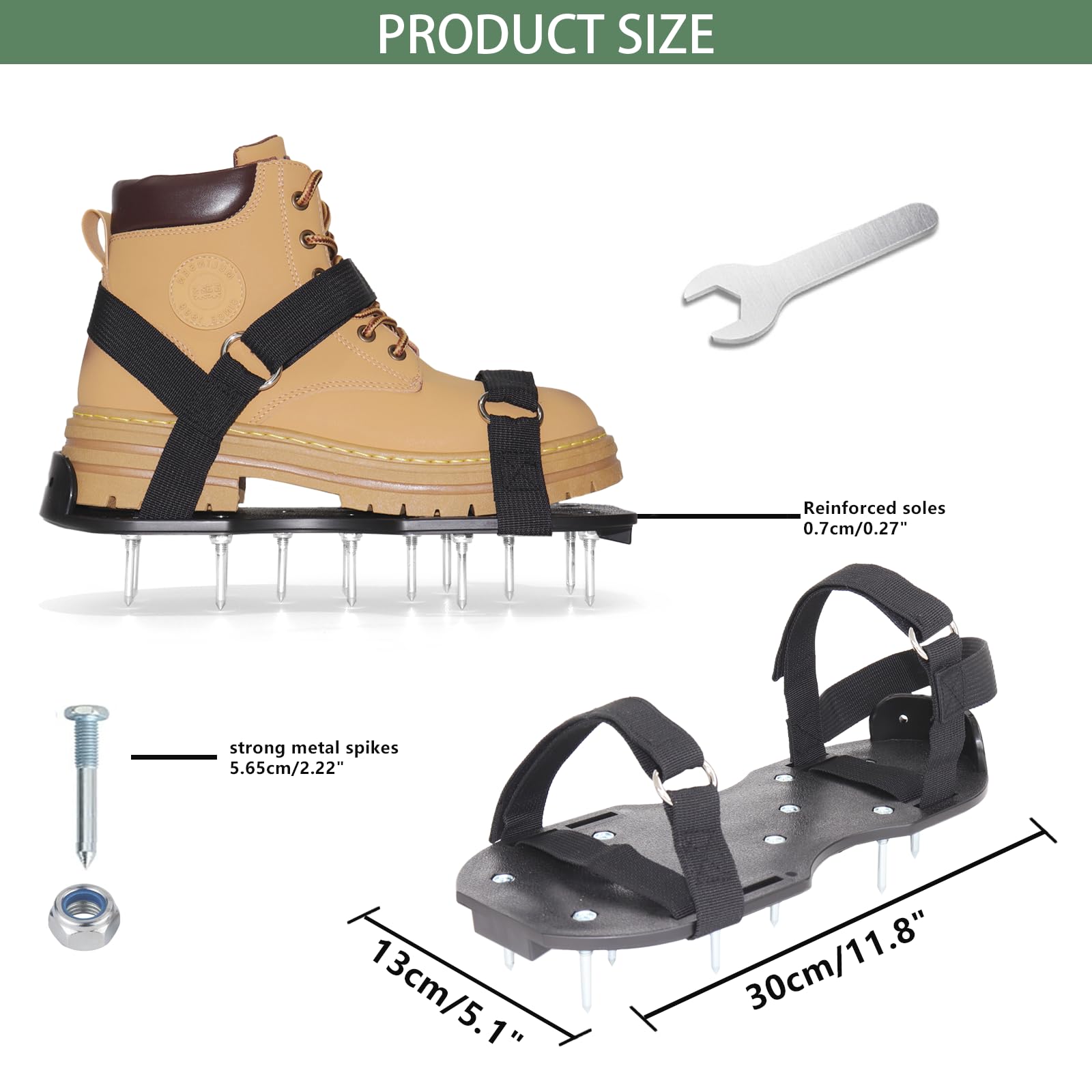 Chaussures aérateurs de pelouse pré-assemblées avec sangles réglables et pelle en acier inoxydable, chaussures à pointes robustes pour homme et femme pour pelouse, cour et jardin