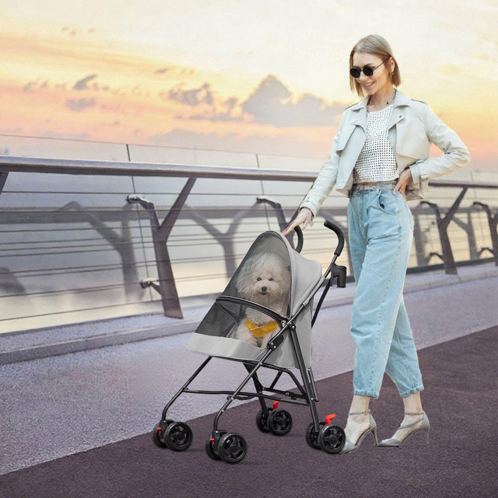 Homewell Składany wózek dla psa i kota, wózek dla zwierząt z uchwytem na kubek i uprzężą bezpieczeństwa, wózek podróżny, nośność 15 kg, koła z hamulcami 360° (szary)