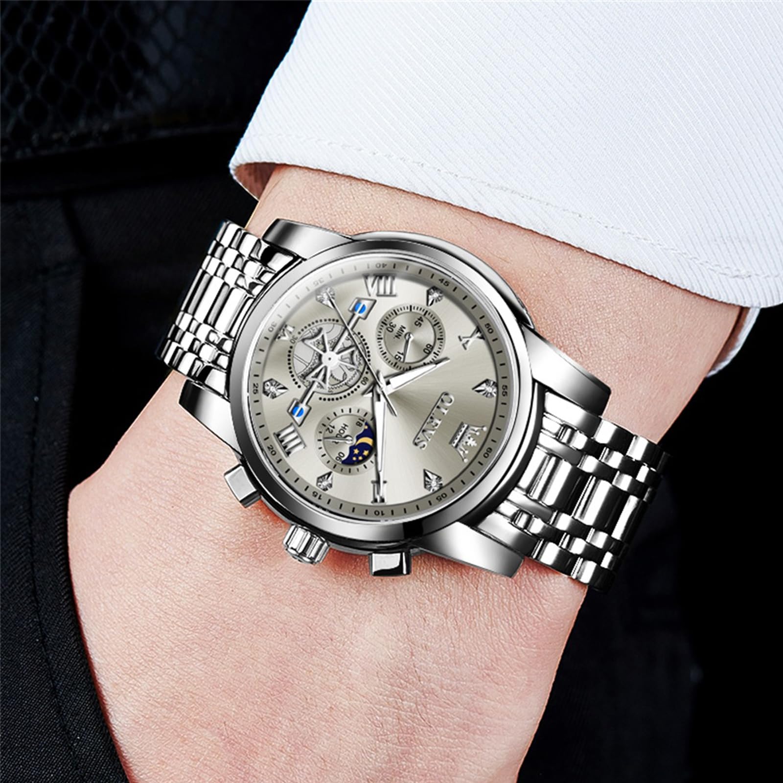 OLEVS Herren-Armbanduhr mit Zeitcode, Edelstahlarmband, Leuchtend, wasserdicht, multifunktional, Unterzifferblatt, Business-Kleid, Quarz, rund, Luxusuhren für Herren