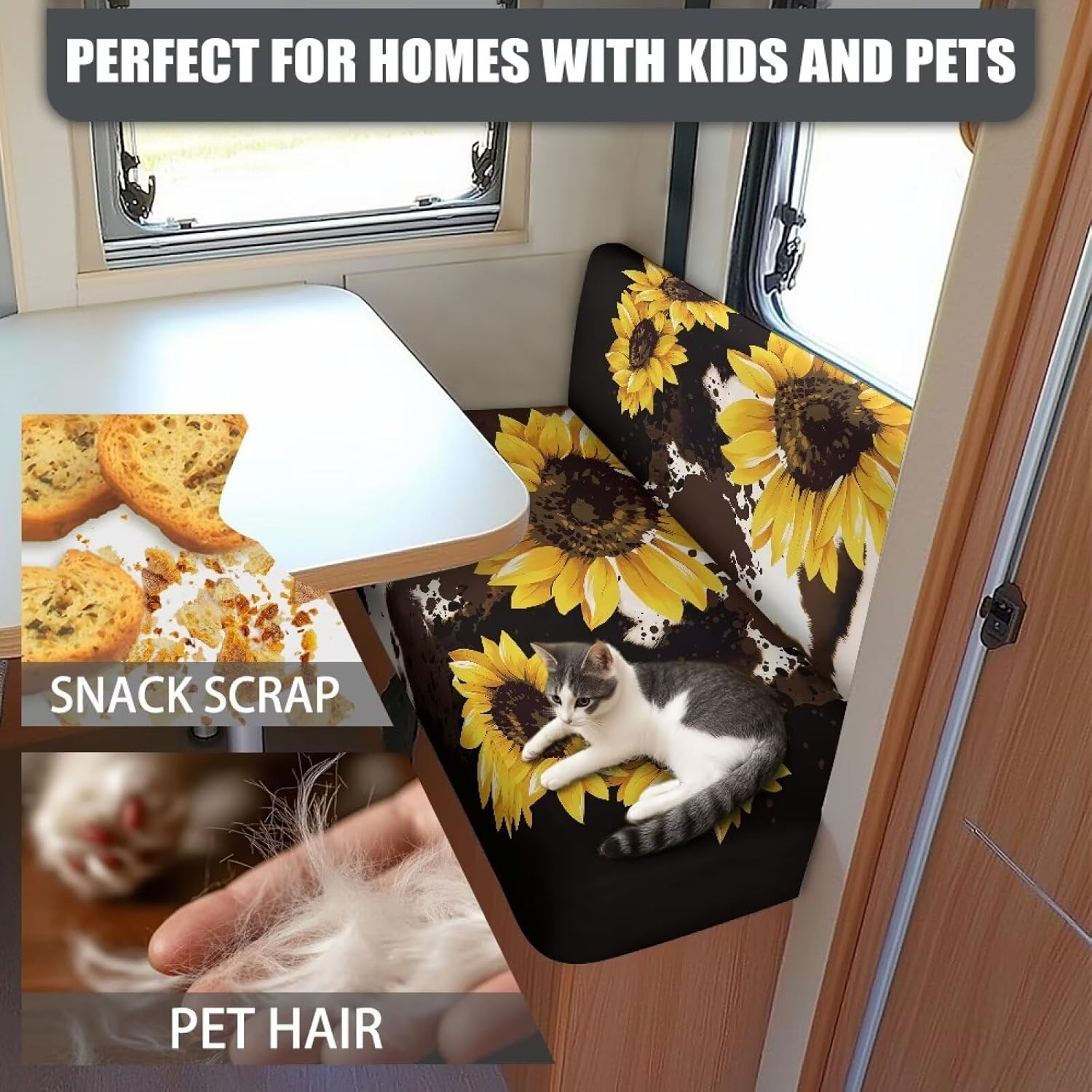 NDISTIN Sunflower Cow Print RV Dinette Cushion Covers Personalized Loveseat Universal Sofa Slip Covers for 2 Seat Cushion Couch Sofa Covers Washable RV Accessories for Inside