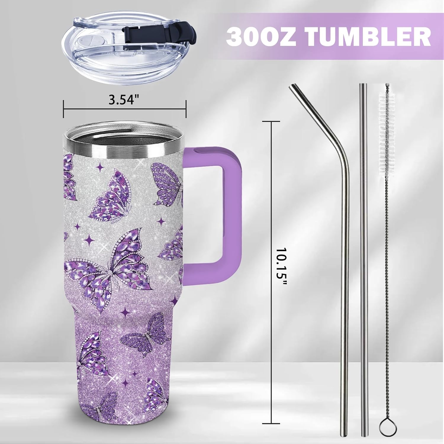 Butterfly Gifts for Women 30oz Purple Butterfly Tumbler with Handle and Straws Stainless Steel Insulated Travel Coffee Mugs, Leak-Proof, Birthday Christmas Gifts for butterflies Lover Water Cup - Image 2