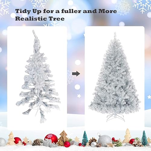 Miniatura 9 de Generic CHEFJOY - Árbol de Navidad artificial plateado, pino con bisagras con soporte de metal plegable sólido, agujas de ramas galvanizadas, árbol