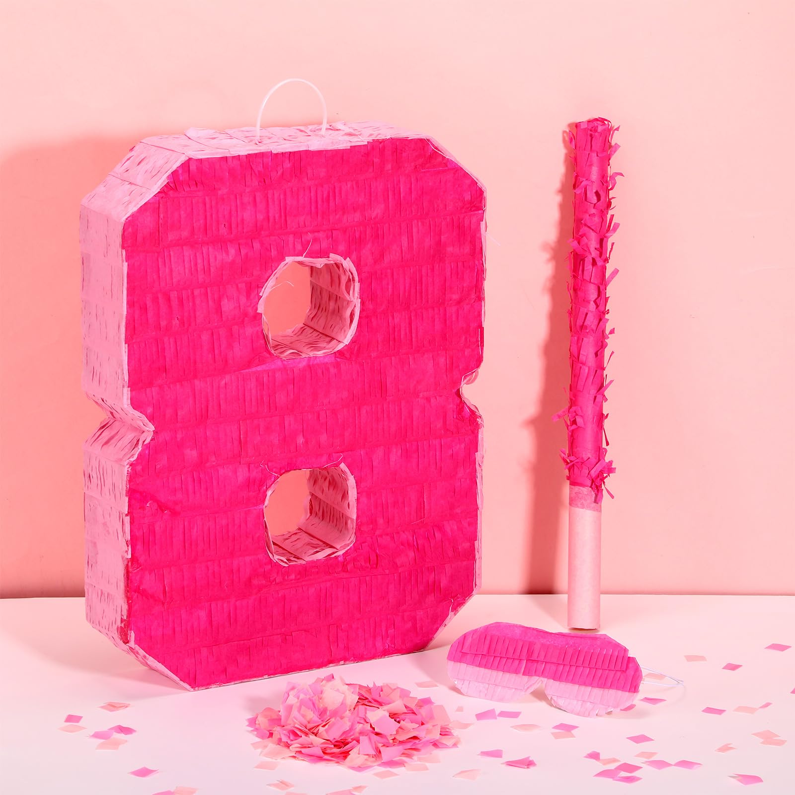 Pink Number 8 Pinata for 8th Birthday Party Decorations, Perfect for 8th Birthday Party Supplies, Fiesta, Anniversary Celebration Birthday Pinata with Stick Blindfold Confetti Large 16 x 11.8 x 3.2 In