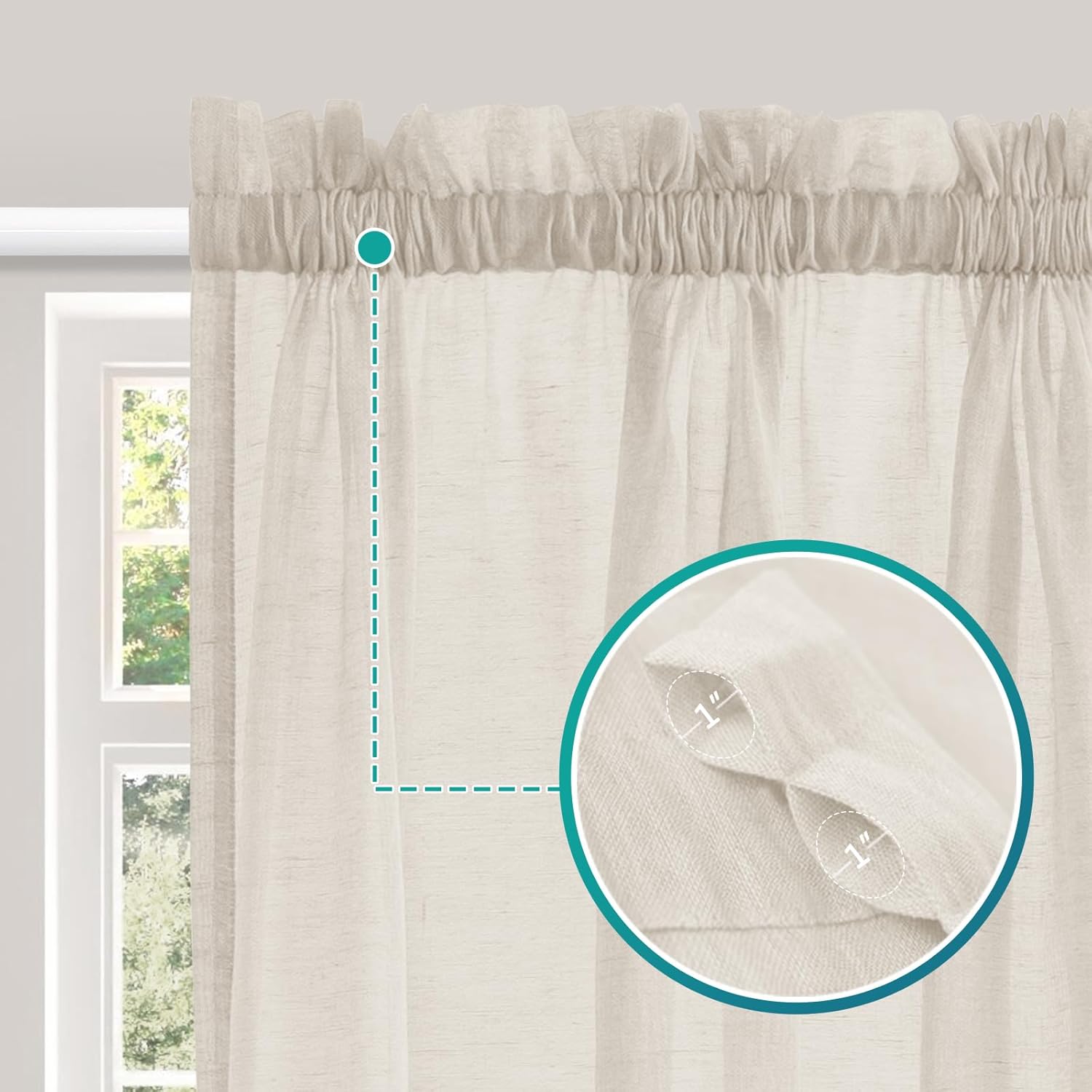 Turquoize Elegant Linen French Door Curtains Light Filtering Curtain Panels Rod Pocket Linen Panel for Glass Door with Tie-Back Privacy Assured Semi Sheer Panel, 52" W by 72" L, 2 Panels, Natural