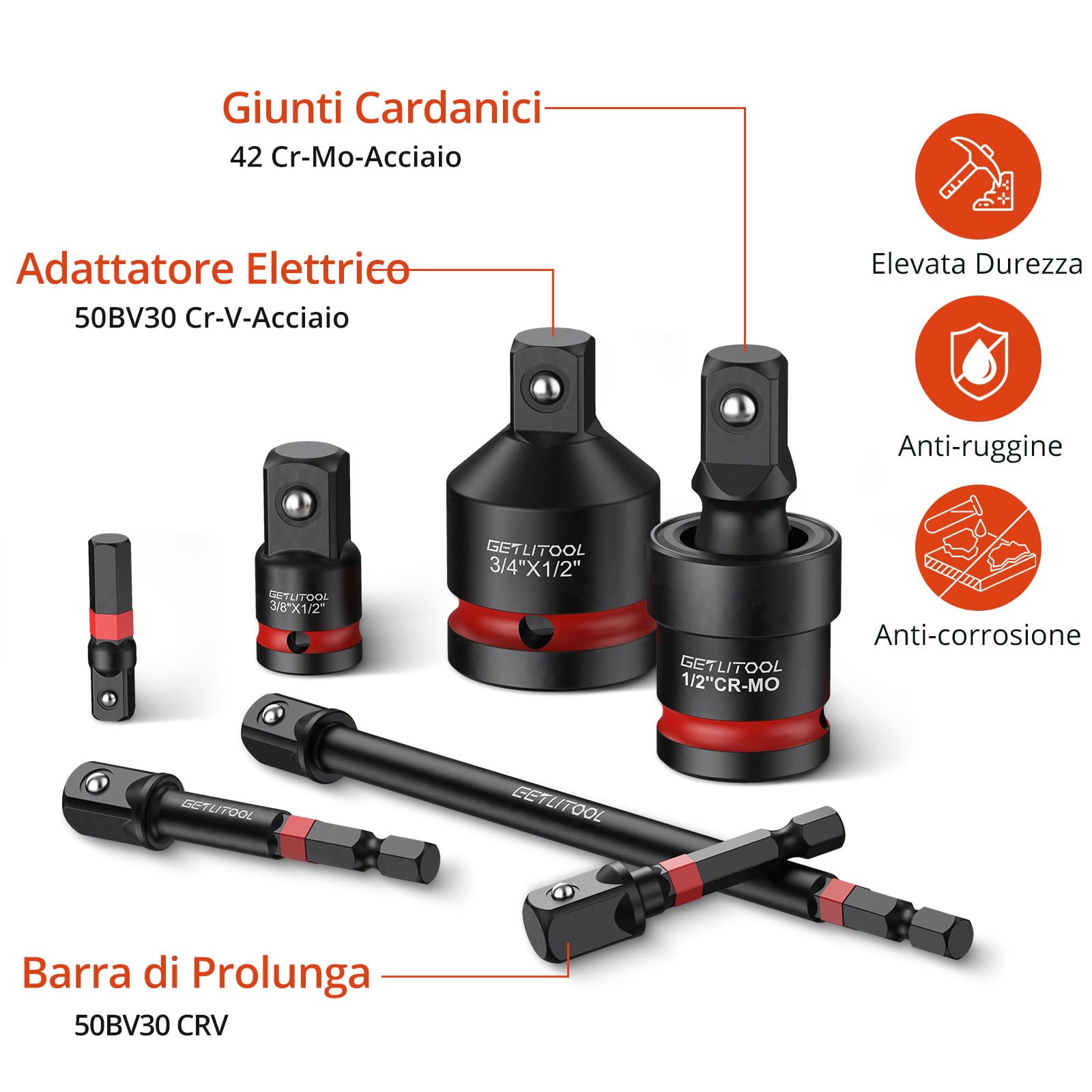 GETLITOOL Set 20PZ Adattatori per Bussole Chiavi in Acciaio, Include 11 Barre di Estensione 1/2+3/8+1/4 con Codolo 1/4-inch (25-150mm), 6 Adattatori F/M e 3 Giunti Cardanici 1/2" 3/8" 1/4"