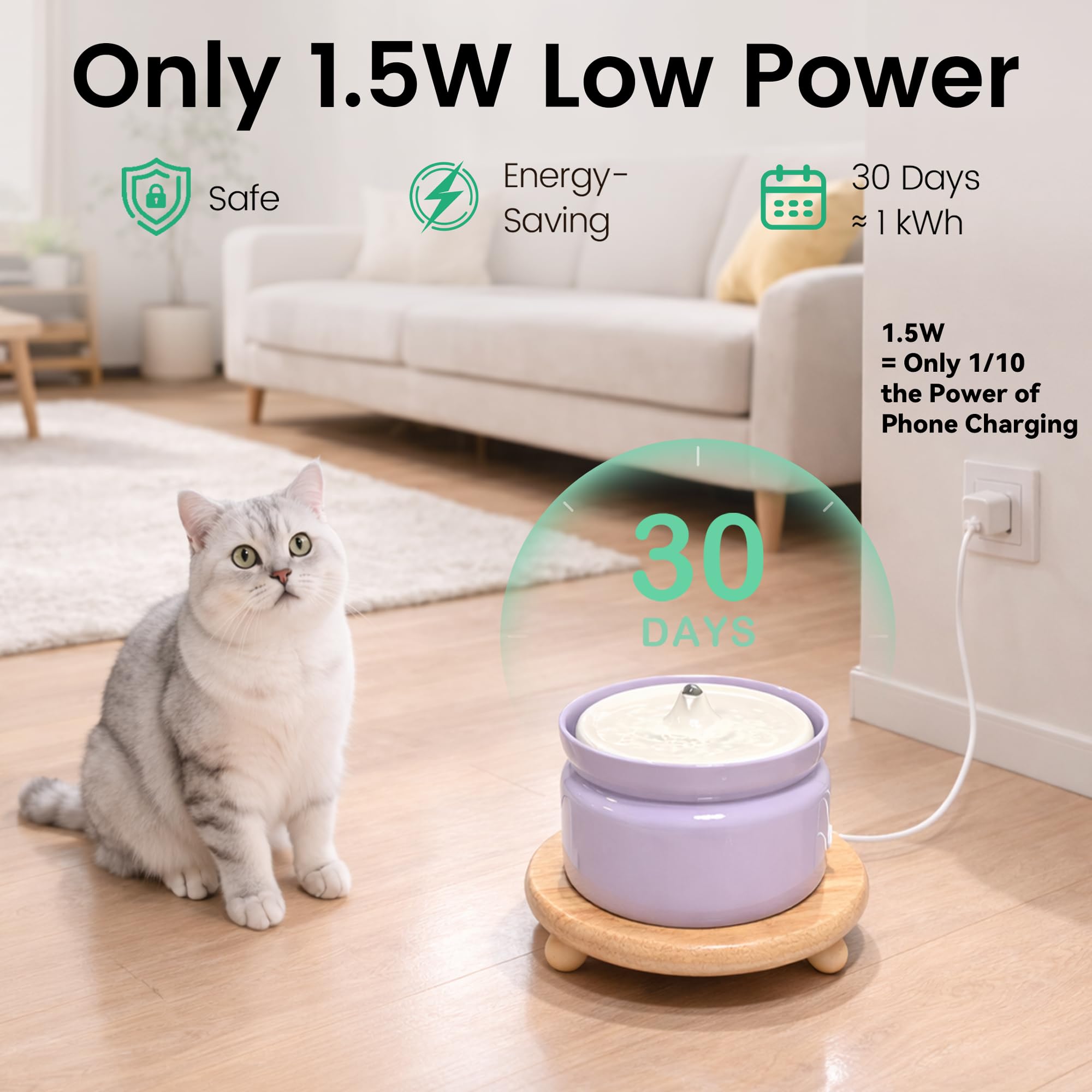 Hululu Ceramic Cat Water Fountain, 1L/32oz Automatic Pet Drinking Fountain with Quiet Pump & Triple Filtration, Durable BPA-Free Ceramic, Easy to Clean, Dishwasher Safe for Cats & Small Dogs - image 3