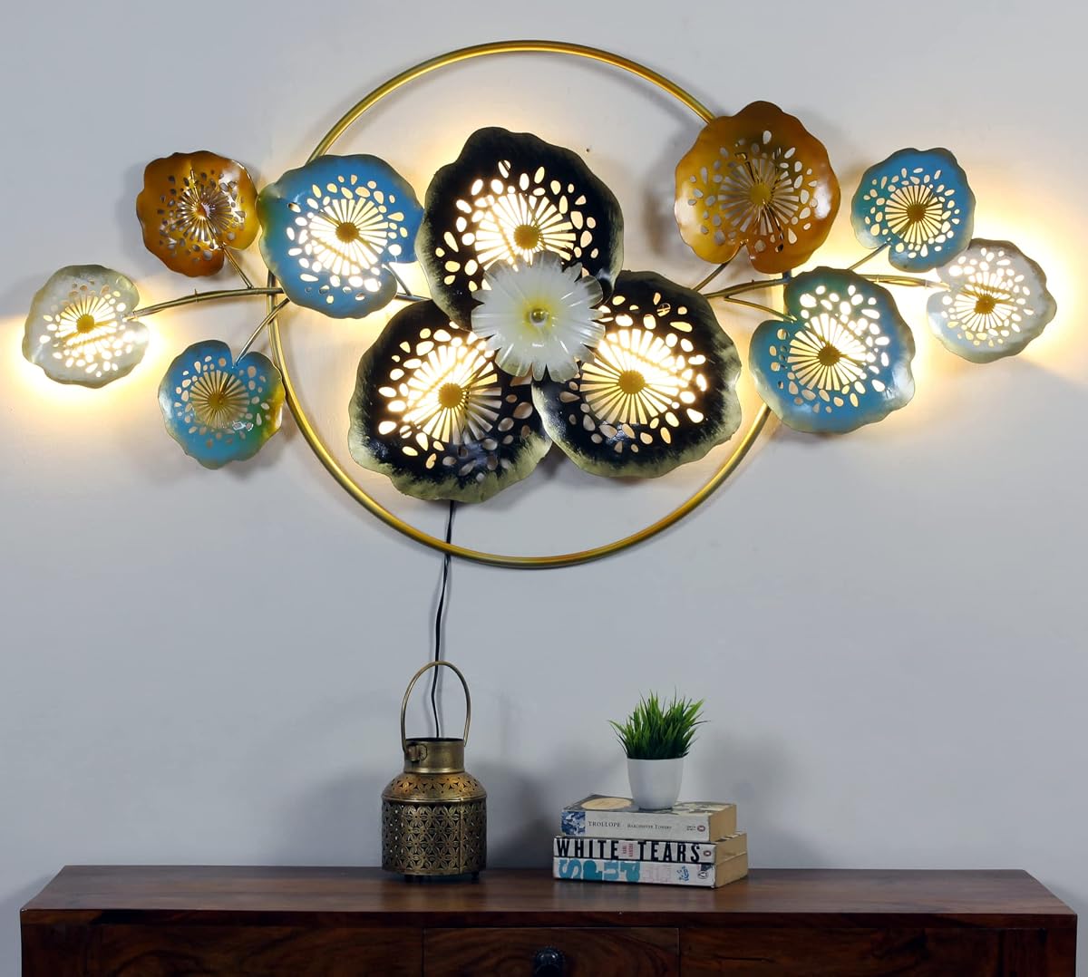 AntarYuga El Mural Metal Flower Family Wall Art With LED Lights Decorative Wall