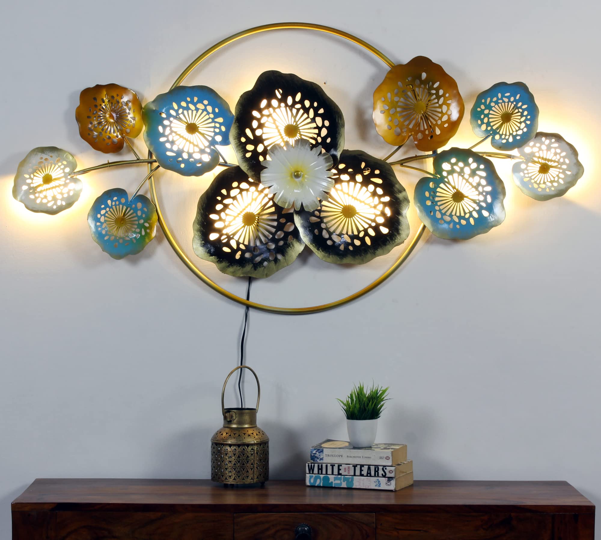 AntarYuga El Mural Metal Flower Family Wall Art With LED Lights Decorative Wall Art/Sculpture for Home Living Room/Bedroom/Office - 122x8x64 cm