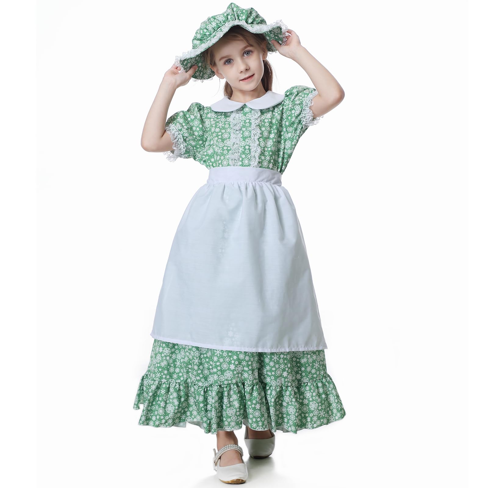 maxToonrain Girls Pioneer Costume Victorian Maid Costume Colonial Prairie Dress Bonnet Set for Kids 5-12 Years Halloween Christmas School Book Week Pretend Play (Green, S)