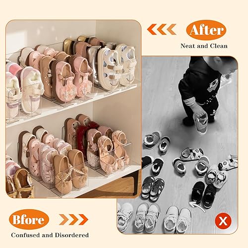 Miniatura 7 de Paquete de 2 zapateros de acrílico transparente para niños para organizadores y almacenamiento, pequeño zapatero transparente de 4 secciones para