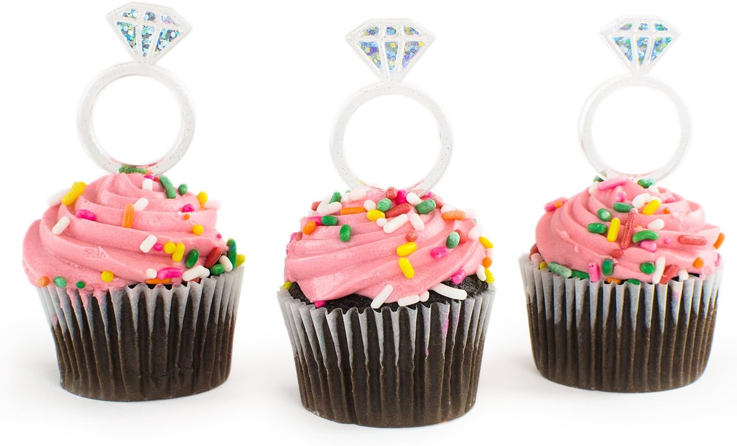 Super Z Outlet Plastic Acrylic Clear Glitter Diamond Design Engagement Ring Cupcake Toppers for Bridal Shower, Wedding Table Cake Decorations, Party Supply Favor Accents, Arts & Crafts (24 Pack)