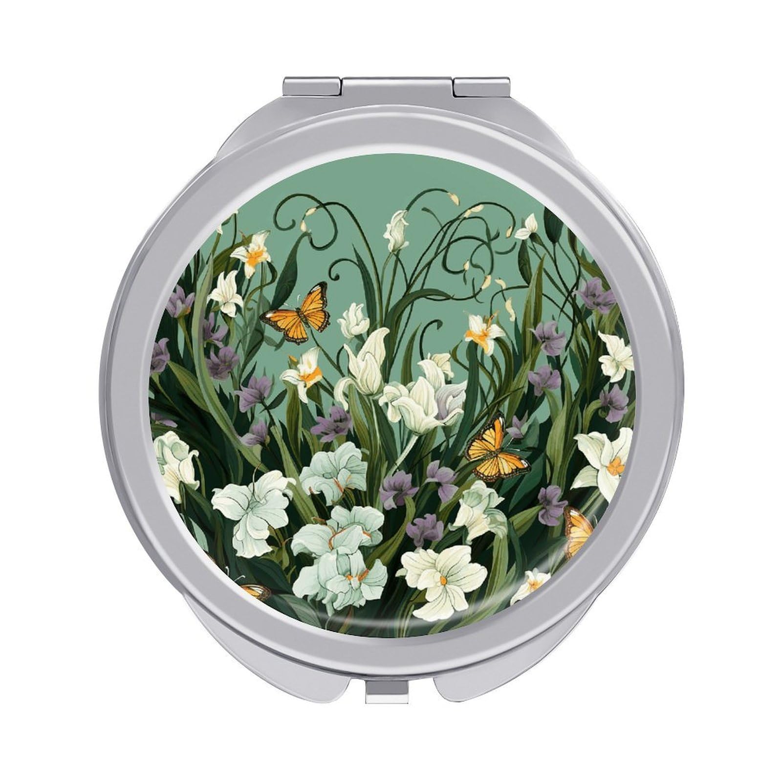 JTREHY Flowers and Butterflies on Green Background Makeup Mirror Silver Mirror Surface Folding Makeups Mirrors Lightweight Durable Looking Glass for Suitable Traveling Handbag and Purses