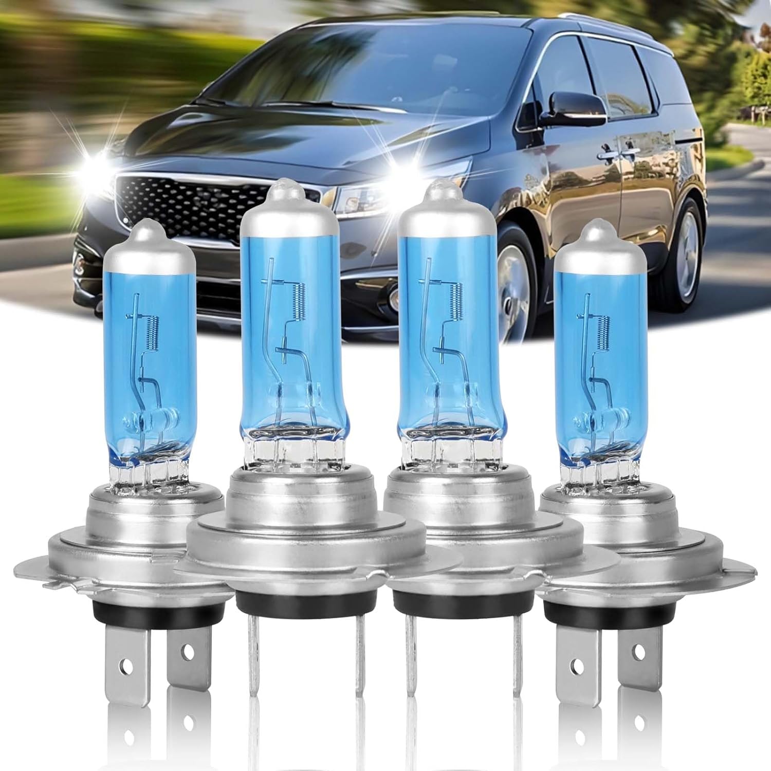 Fit for Kia Sedona 2001-2005,2015 2016 2017 2018 High Performance Halogen Headlight Bulbs,H7 High Beam+ H7 Low Beam combo,100W,Ultra Bright,IP68, plug and play,5000K White Light,4 Pack