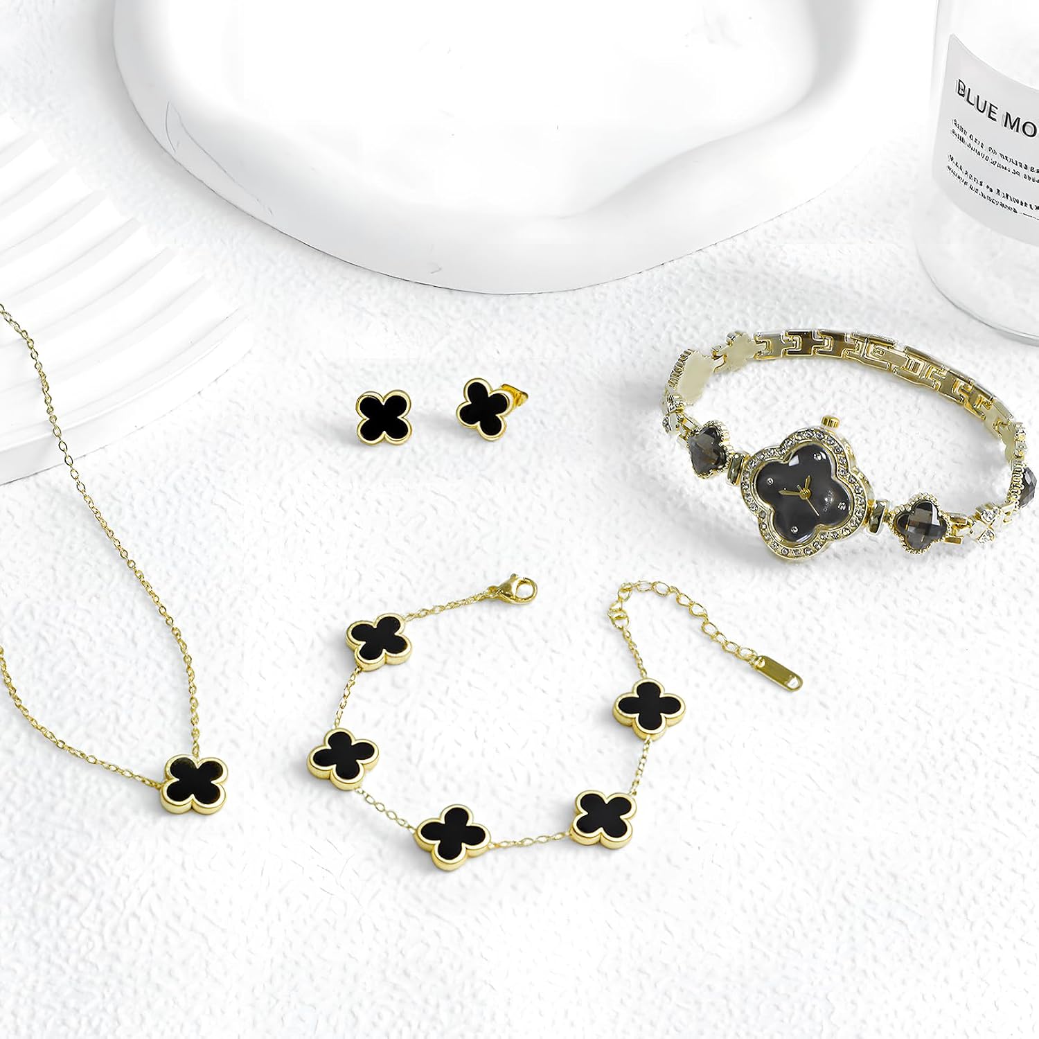 5 Pieces Lucky Clover Jewelry Set for Women Gold Jewelry Set 18K Gold Plated Flower Design Five Leaf Necklace Bracelet Ring Earrings for Women