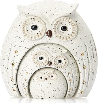 Handcrafted Resin Owl Family Figurine, White with Rhinestones, Collectible Home Decor Statue, Gift
