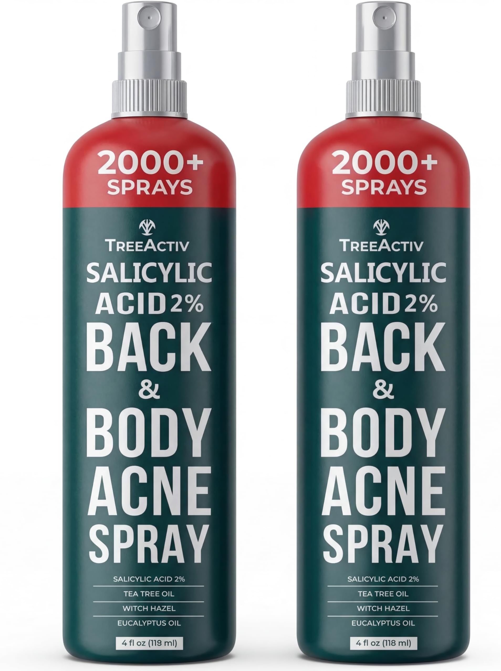 Salicylic Acid Back & Body Acne Spray, Fine Mist Back Spray for Bacne & Chest Acne, Tea Tree + Eucalyptus, Fast-Drying Non-Staining, 4 fl oz (2-Pack, 8 fl oz Total)