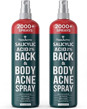 TreeActiv Salicylic Acid Back & Body Acne Spray, Fine Mist Back Spray for Bacne & Chest Acne, Tea Tree + Eucalyptus, Fast-Drying Non-Staining, 4 fl oz 2-Pack, 8 fl oz Total