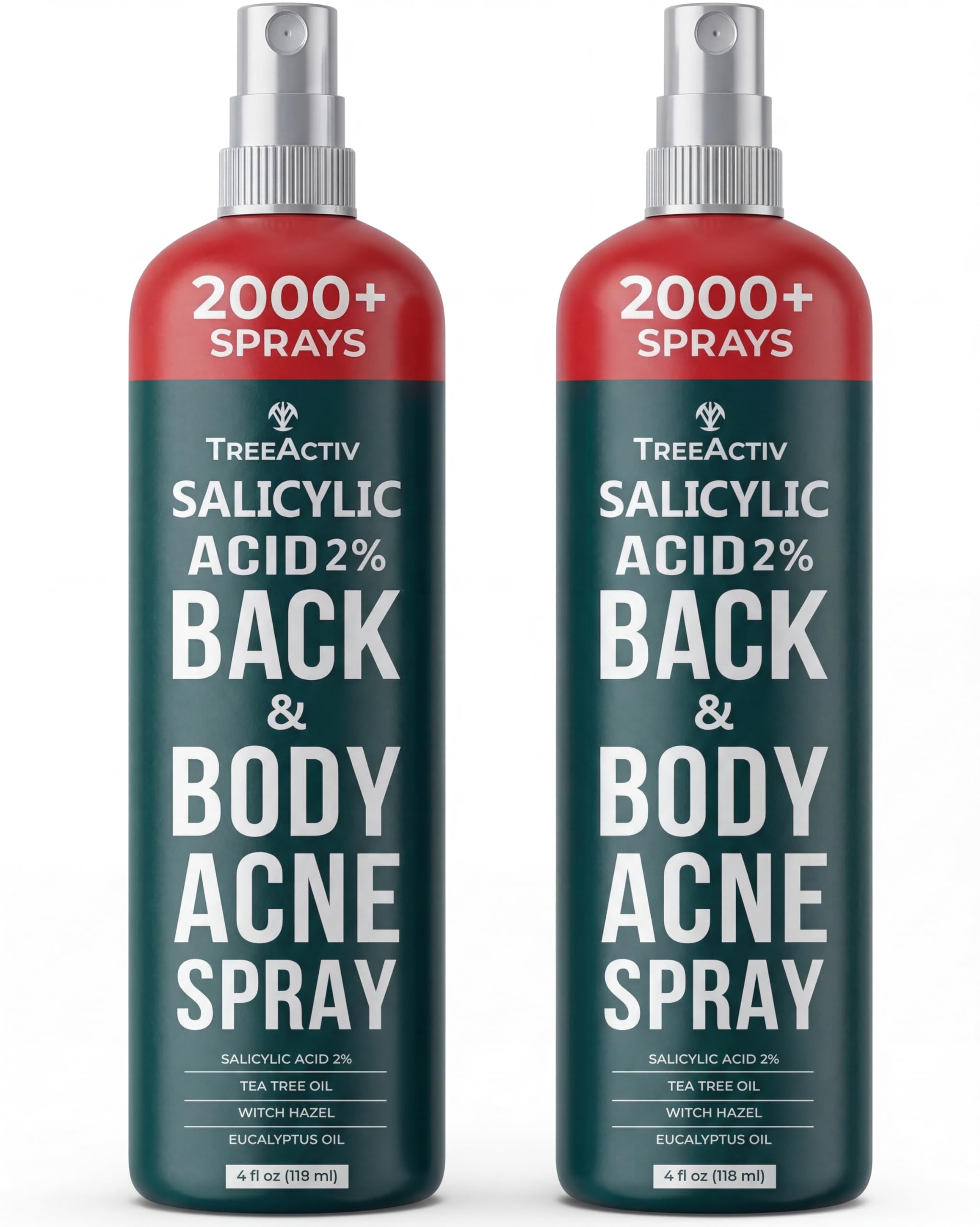 Salicylic Acid Back & Body Acne Spray, Fine Mist Back Spray for Bacne & Chest Acne, Tea Tree + Eucalyptus, Fast-Drying Non-Staining, 4 fl oz (2-Pack, 8 fl oz Total)