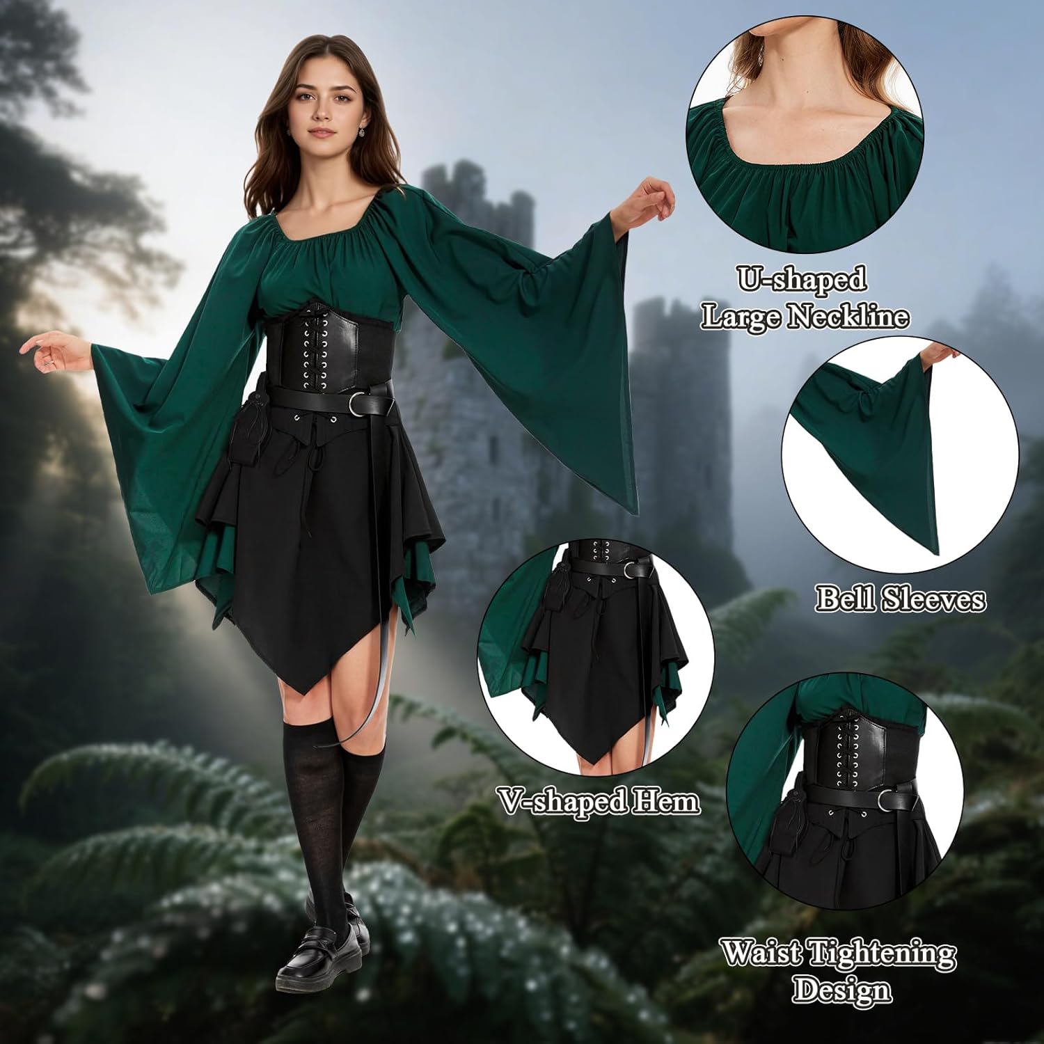 7Pcs Women Elf Renaissance Costume Traditional Irish Dress Fairy Costume for Halloween Cosplay - Image 3