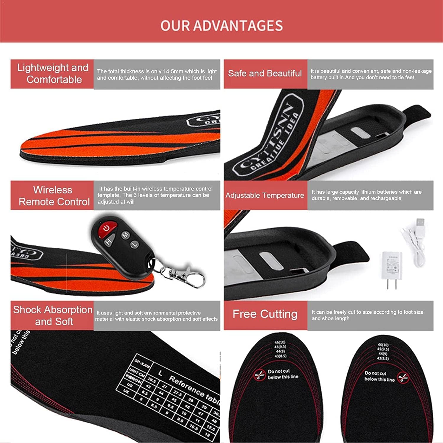 電熱インソール 加熱インソール USBインソール 電気インソール ヒーター 電気フットウォーマー【足全体加熱・ワイヤレス温度制御・3