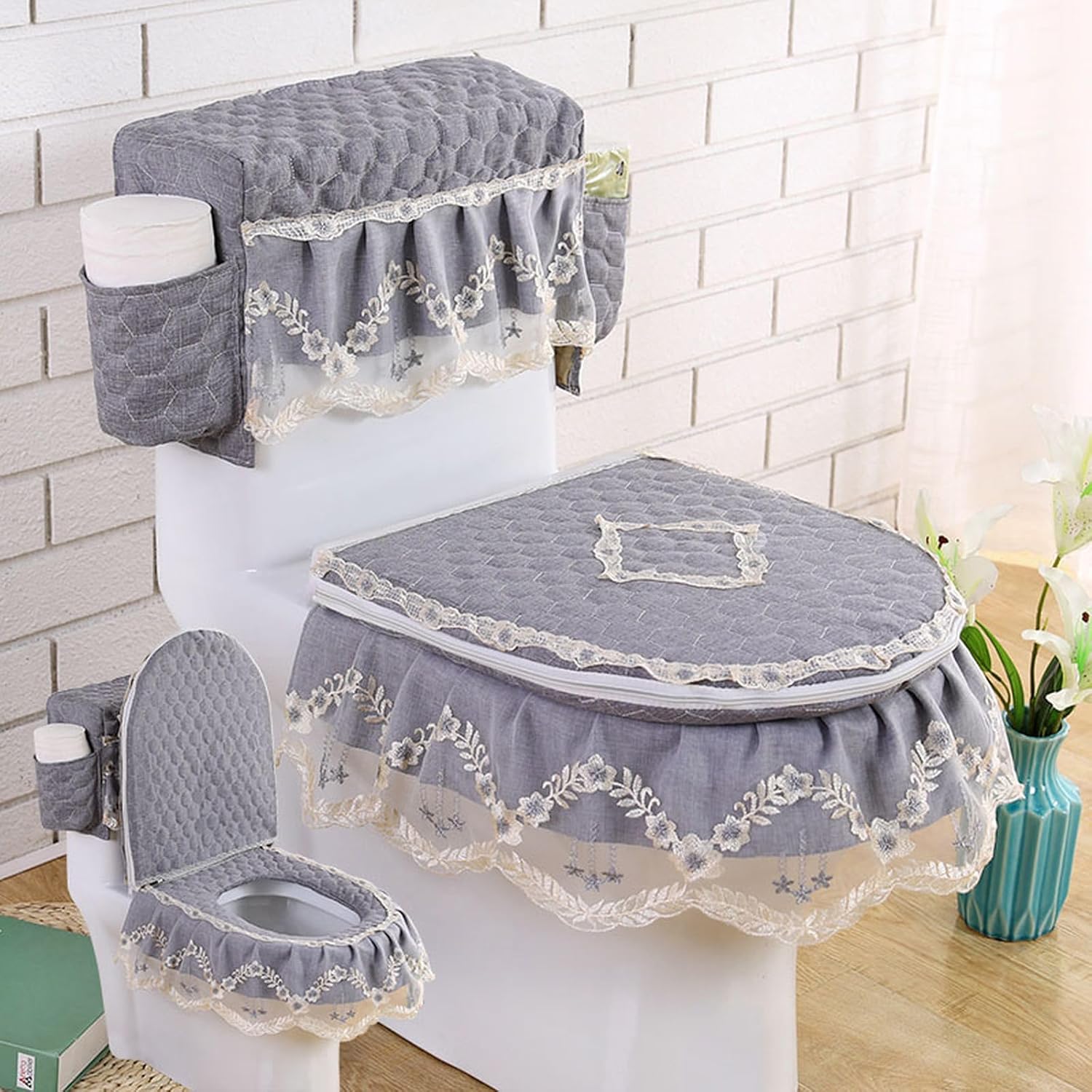 Gray Velvet Lace Toilet Mat Set - 3-Piece Bathroom Accessories with Embroidery Toilet Seat Cover, Tank Lid & Floor Mat - Elegant Home Decor for Stylish Bathrooms