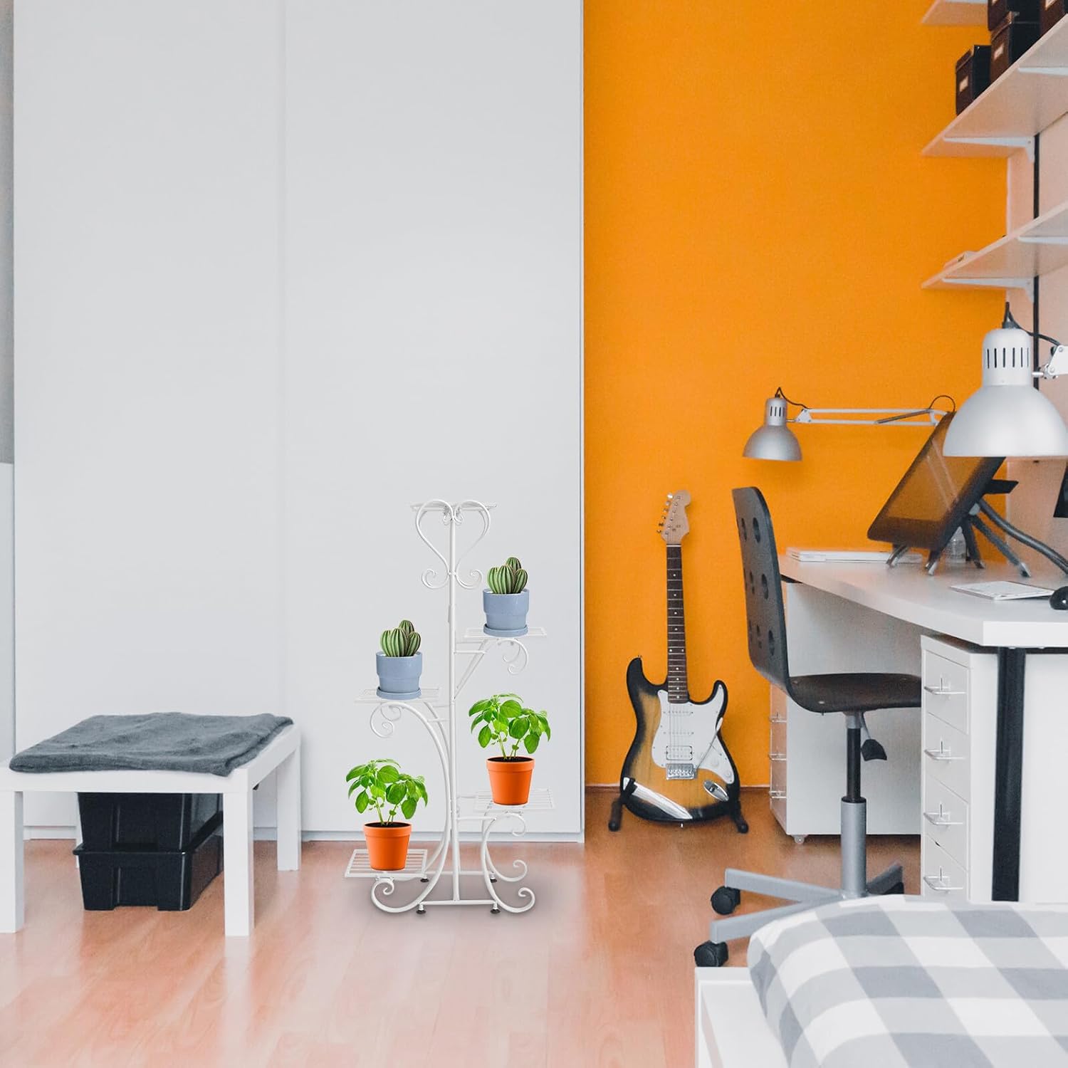 Veemoon Flower Iron Stand and Plant Pot Storage Rack for Indoor Balcony, Thickened Iron Material with Large Capacity White Flowerpot Shelf for Stable Plant Holder