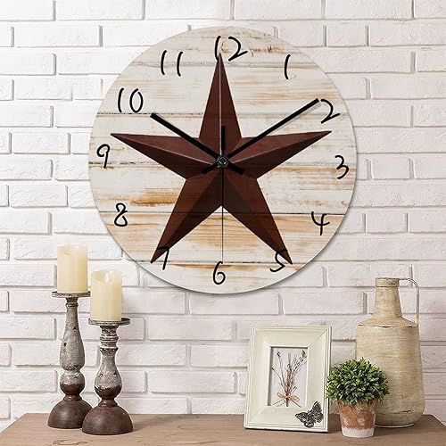 Miniatura 9 de Reloj de pared redondo de 15 pulgadas con estrella del oeste de Texas reloj de pared decorativo reloj de madera de campo sin tictac funciona con