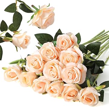 Hawesome 12PCS Artificial Silk Flowers Realistic Roses Bouquet Long Stem for Home Wedding Decoration Party Champagne, 6 Flowers 6 Buds