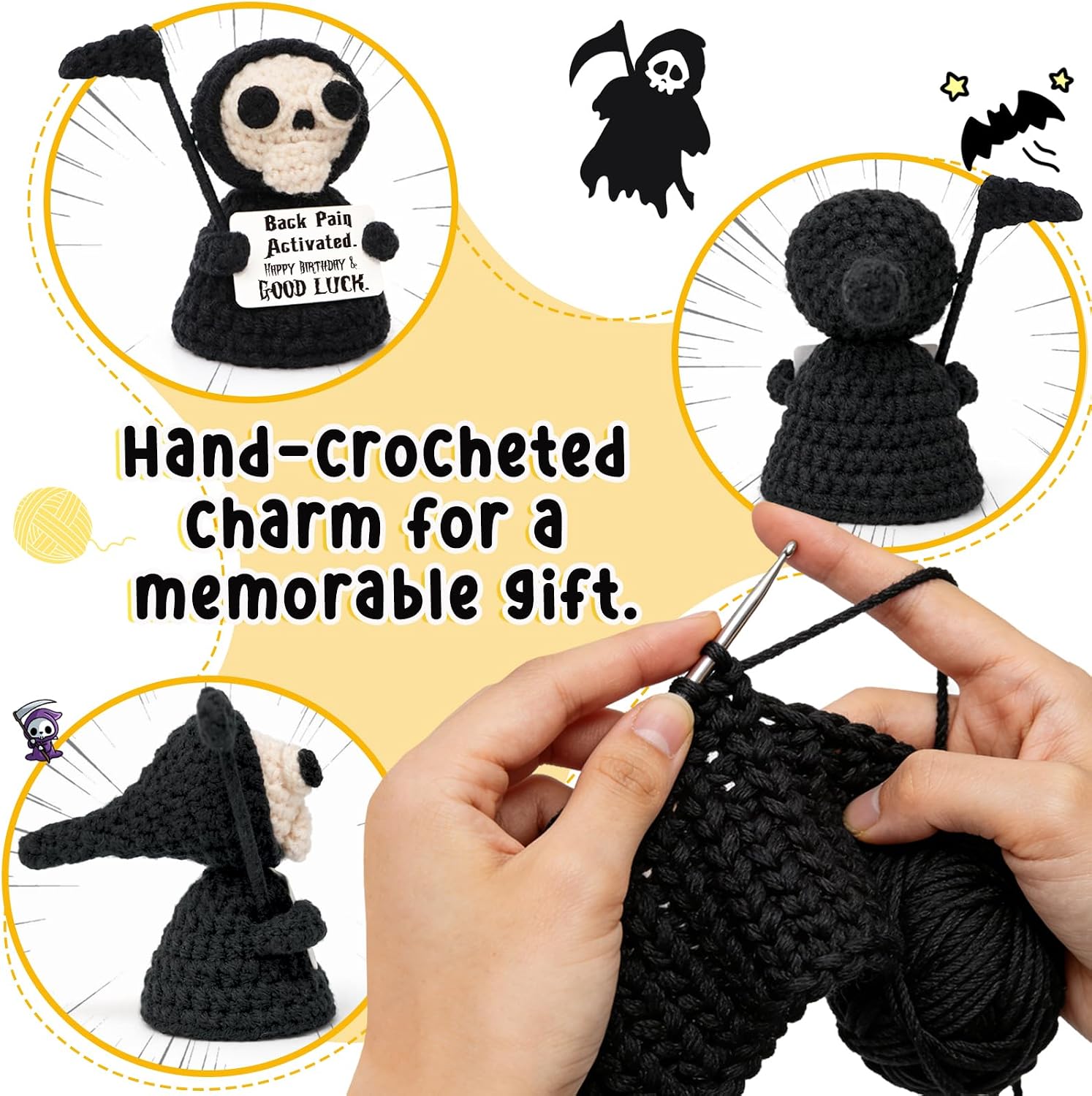 Funny Happy Birthday Gifts for Women Men - Sarcastic Gothic Back Pain Activated Crochet Grim Reaper - 30th, 40th, 50th and 60th Bday Gifts for Best Friend Coworkers