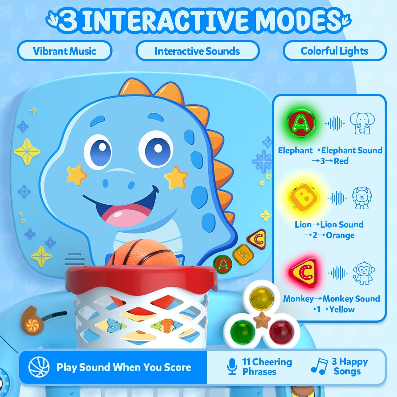 Toys for 1 Year Old Boy - Toddler Basketball Hoop & Soccer Goal & Baseball Activity Center with Light Sound Music, Dinosaur Montessori Sports Toy, Christmas Birthday Gift for Baby 12-18 Months, Blue